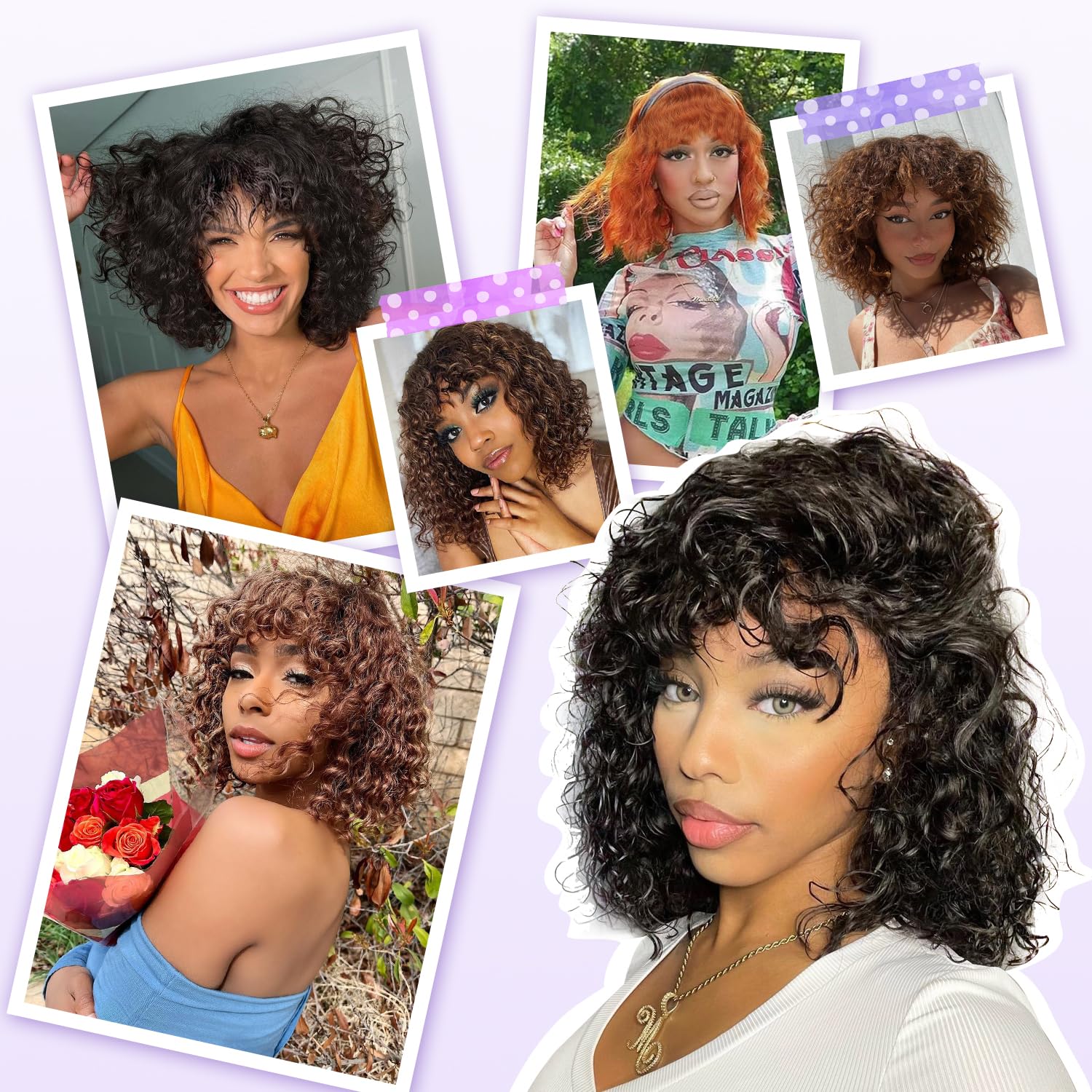 HUA Curly Wig With Bangs Human Hair for Black Women Glueless 12 Inch Water Deep Wave Bob Human Hair Wigs With Bangs for Black Women Short Curly Human Hair Wig With Bangs 180% Density - Image 6