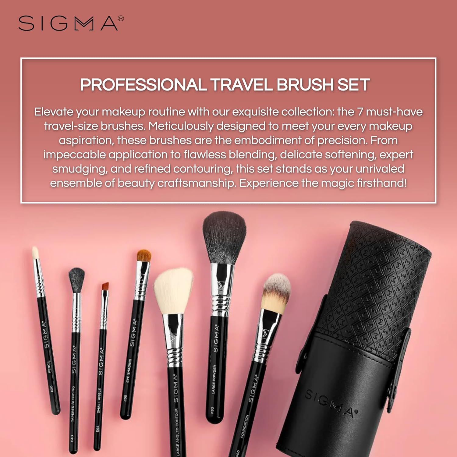 Sigma Beauty Makeup Brush Set – 7-Piece Travel Makeup Brushes for Flawless Application of Foundation Makeup, Blending, Contour, Eyeshadow & Brow Makeup – Compact & Stylish Carrying Case (8 pcs) - Image 2