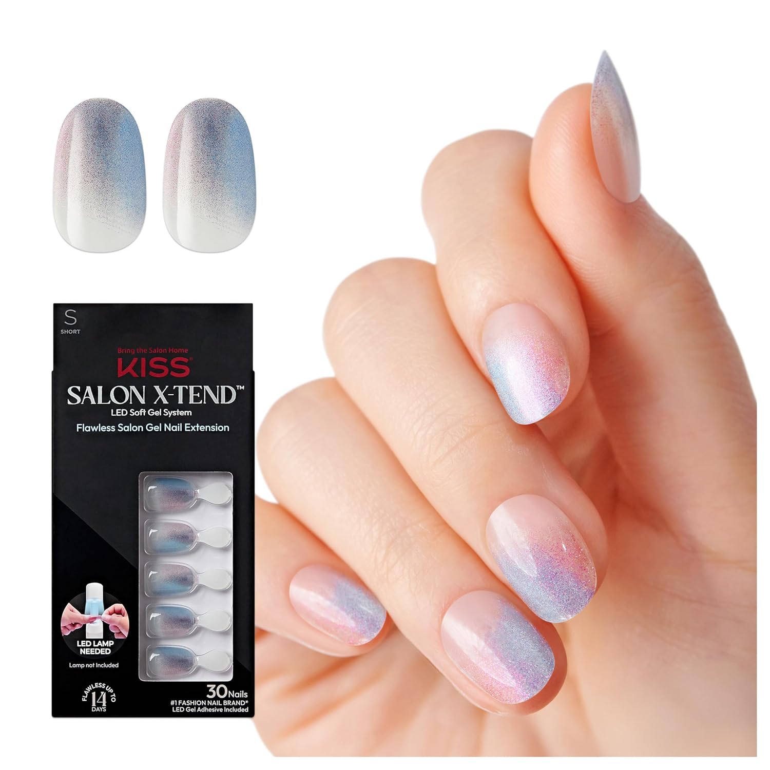 KISS Salon X-tend LED Gel Nail Kit Press On Nails, 'Changed', Multicolor, Short Oval, 30 Fake Nails, Soft Gel Nail Glue 5 ml (0.16 US fl. oz.), Prep Pad, Manicure Stick, & Mini Nail File
