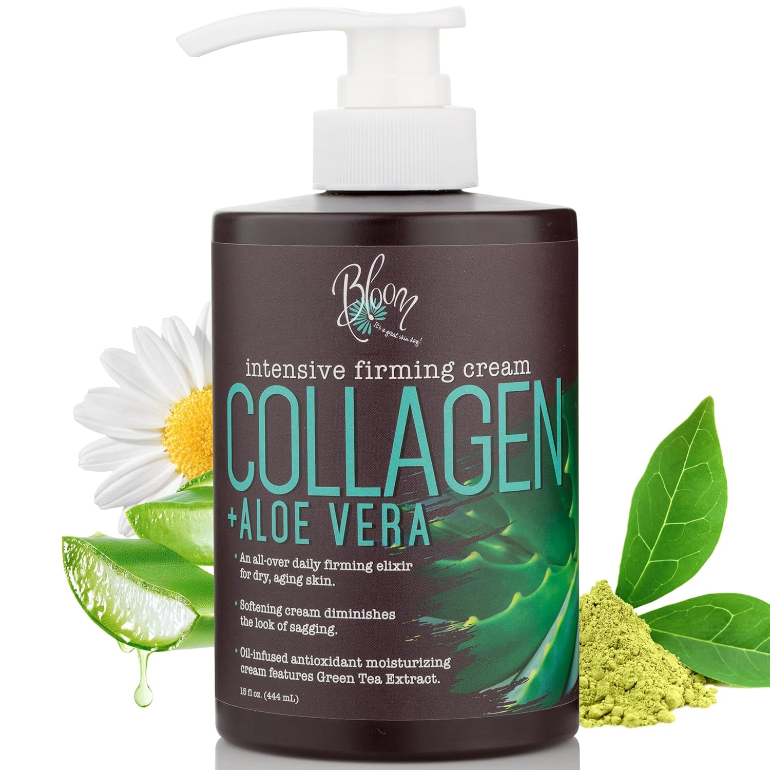 BLOOM IT'S A GREAT SKIN DAY! Collagen Cream + Aloe Vera Moisturizer Body Lotion & Face Cream | Dry Skin Rescue | Skin Tightening Cream | Skin Firming + Tightening Lotion, 15 Oz