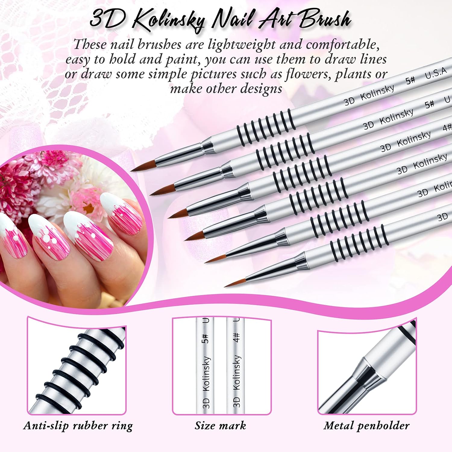 6 Pcs 3D Kolinsky Acrylic Nail Art Brush Set Acrylic Powder Sculpture Painting Brush pen Size 2/4/5 with Silver Metal Nonslip Grip Handle for 3D Nail Art Flower Design - Image 4