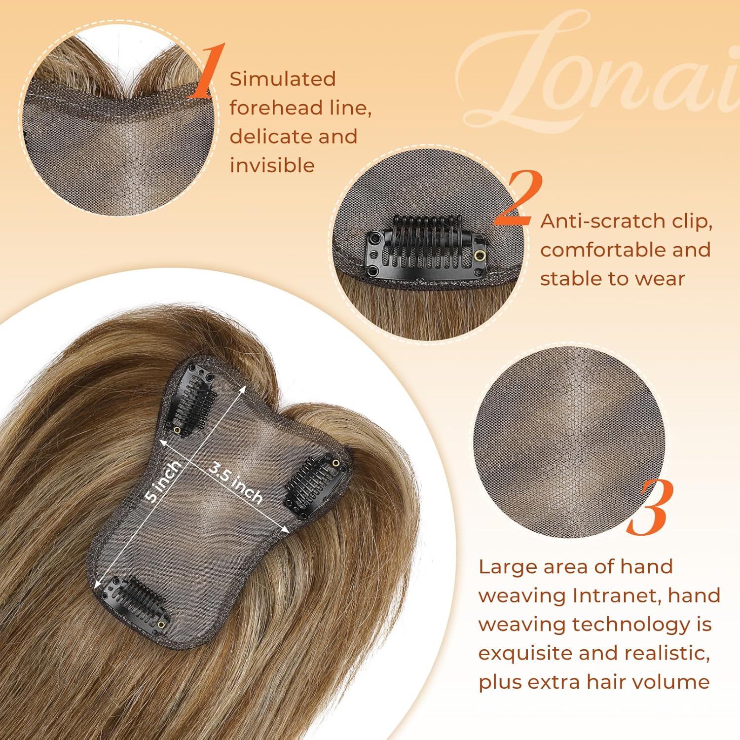 LONAI Real Human Hair Topper, 10 Inch 100% Human Hair Toppers for Thinning Hair, Large Hand-woven area Coverage Natural Hairpiece Wiglet for Women Daily 5"x3.5" Silk Base-Medium Brown with Blonde - Image 2