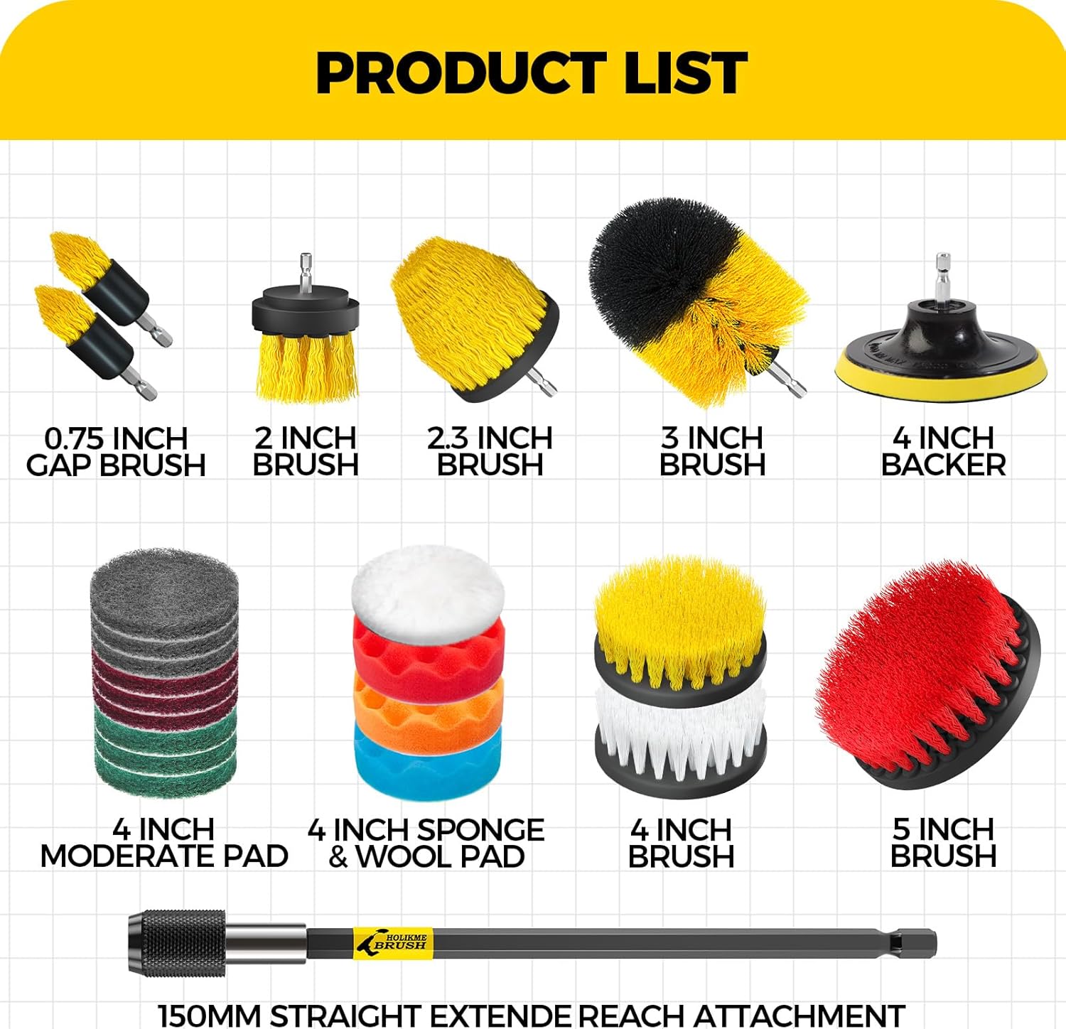 Holikme 23Pack Drill Brush Attachments Set, Scrub Pads & Sponge, Buffing Pads, Power Scrubber Brush with Extend Long Attachment, Car Polishing Pad Kit,Cleaning Supplies,Masonry Brushes,Scratch Brushes - Image 7