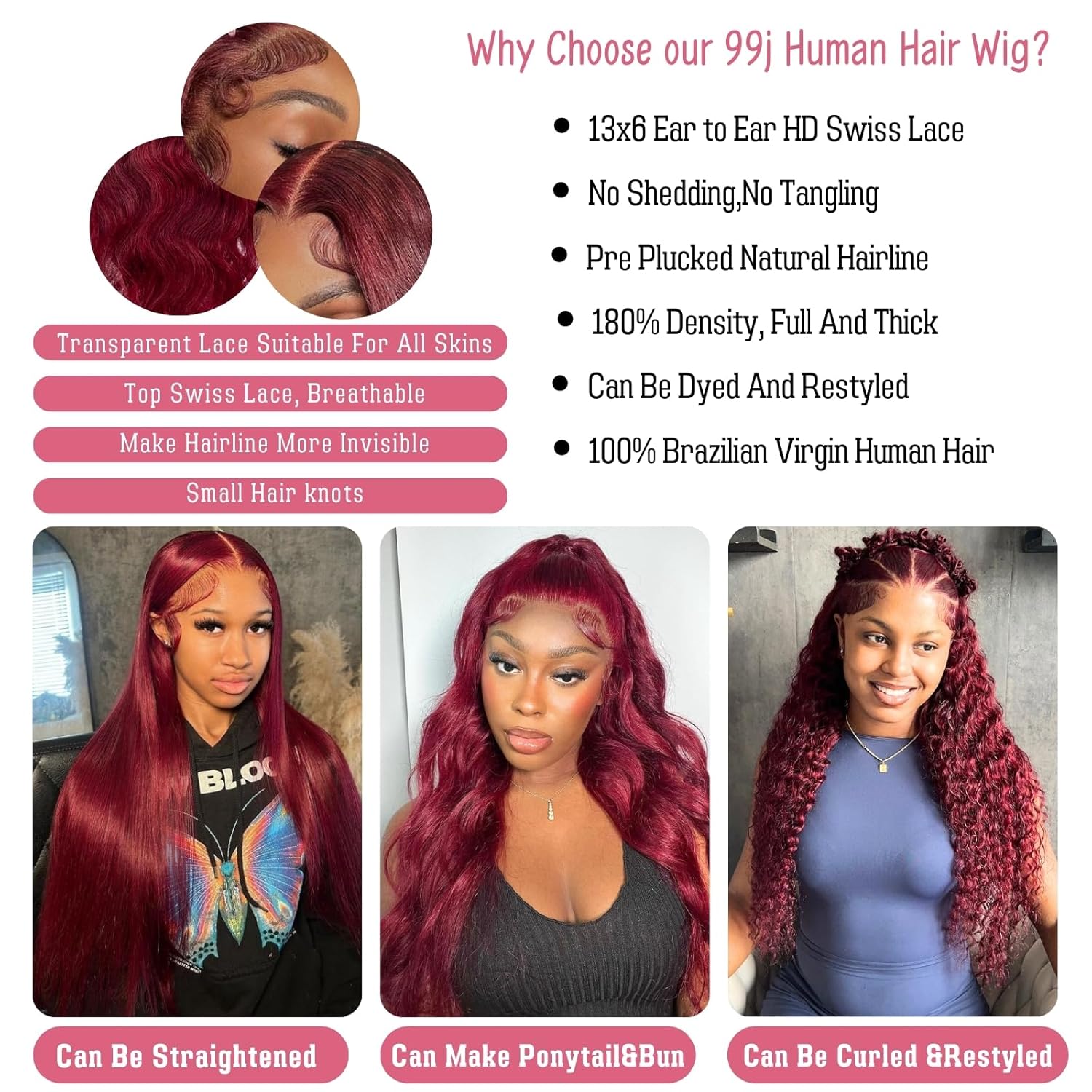 99j Burgundy Lace Front Wigs Human Hair 13x6 Hd Body Wave Lace Frontal Wigs Human Hair Pre Plucked 180 Density Glueless 99j Burgundy Red Wig Human Hair Colored Wigs for Women with Baby Hair 26 Inch - Image 5