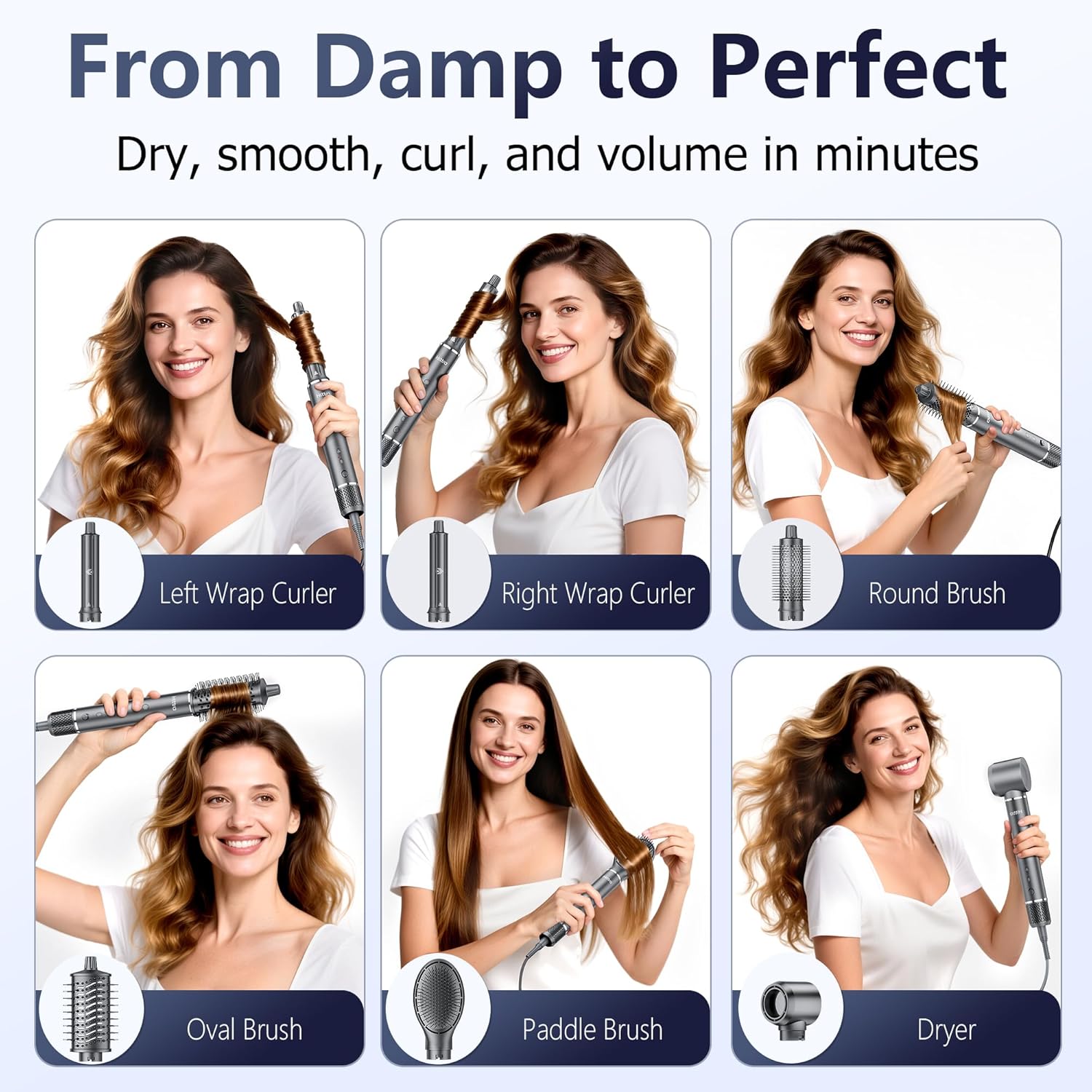 6-in-1 Multi Styler & Professional Hair Dryer Brush, Frizz-Free Hot Air Wrap Hair for Fast Drying, Volumizing, Straightening, Curling Without Heat Damage, Gift for All Hair Types' Women (Gray) - Image 3