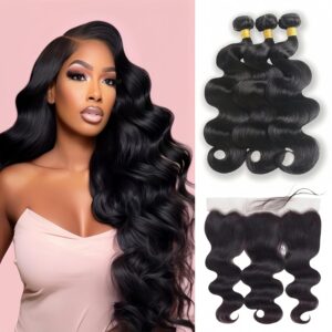 Body Wave Bundles With Frontal Human Hair (16 18 20 + 14,Free Part) 3 Bundles Body Wave with 13x4 HD Lace Frontal Human Hair Bundles with Frontal Closure 100% Brazilian Virgin Human Hair Extensions
