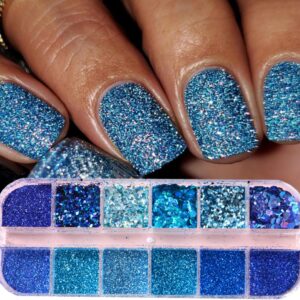 Nail Art Foil Flakes Powder 3D Holographic Nail Art Foil Glitter Sequins Blue Glitter Nails for Women Girls Acrylic Nails DIY Decorations Charms