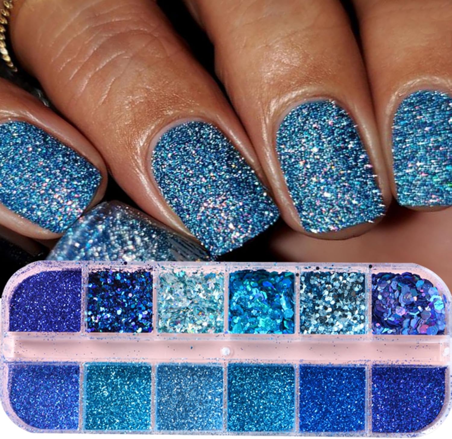 Nail Art Foil Flakes Powder 3D Holographic Nail Art Foil Glitter Sequins Blue Glitter Nails for Women Girls Acrylic Nails DIY Decorations Charms