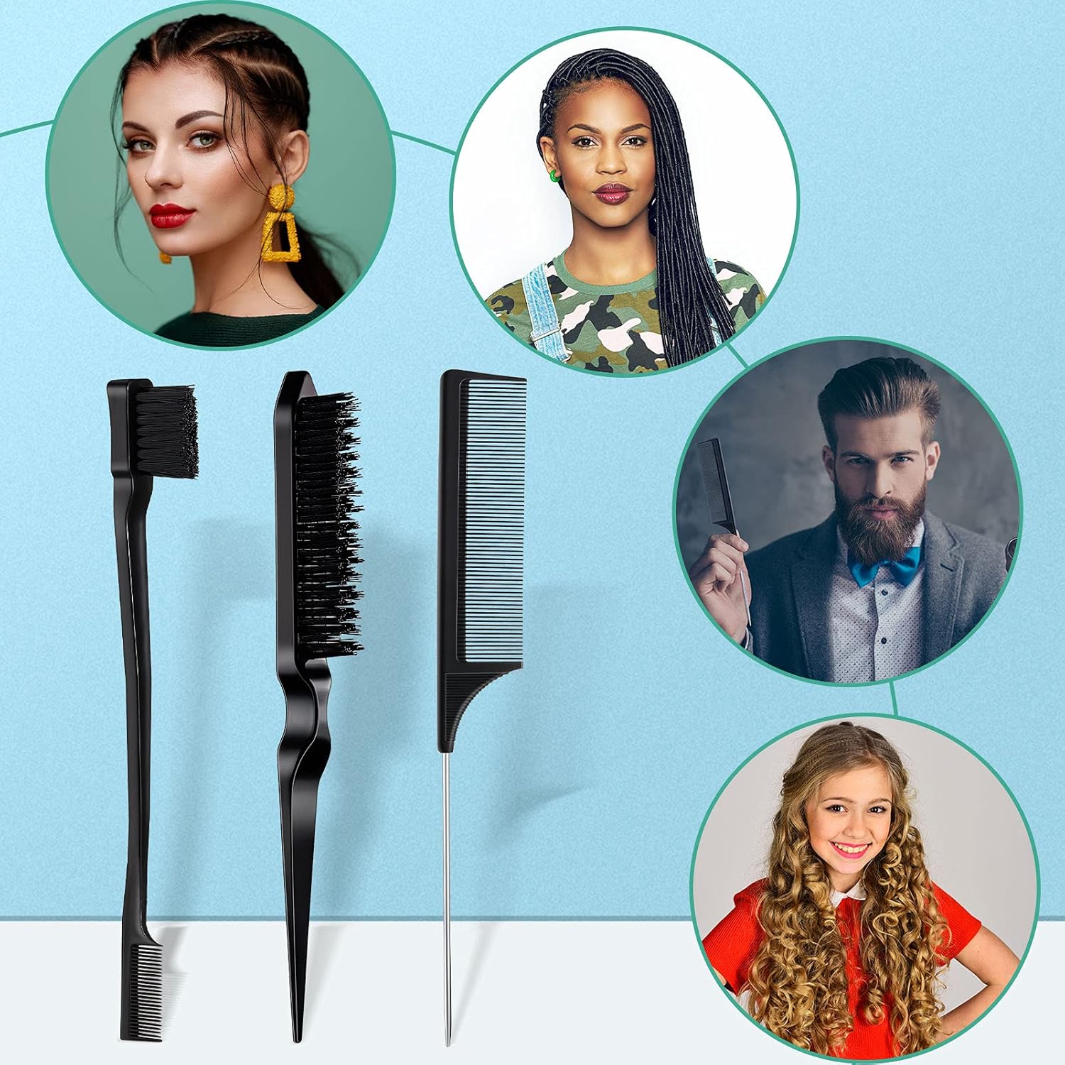 Geiserailie 3 Pcs Slick Back Hair Brush Set Bristle Brush Edge Control Teasing Comb for Women Black Hair(Black) - Image 7