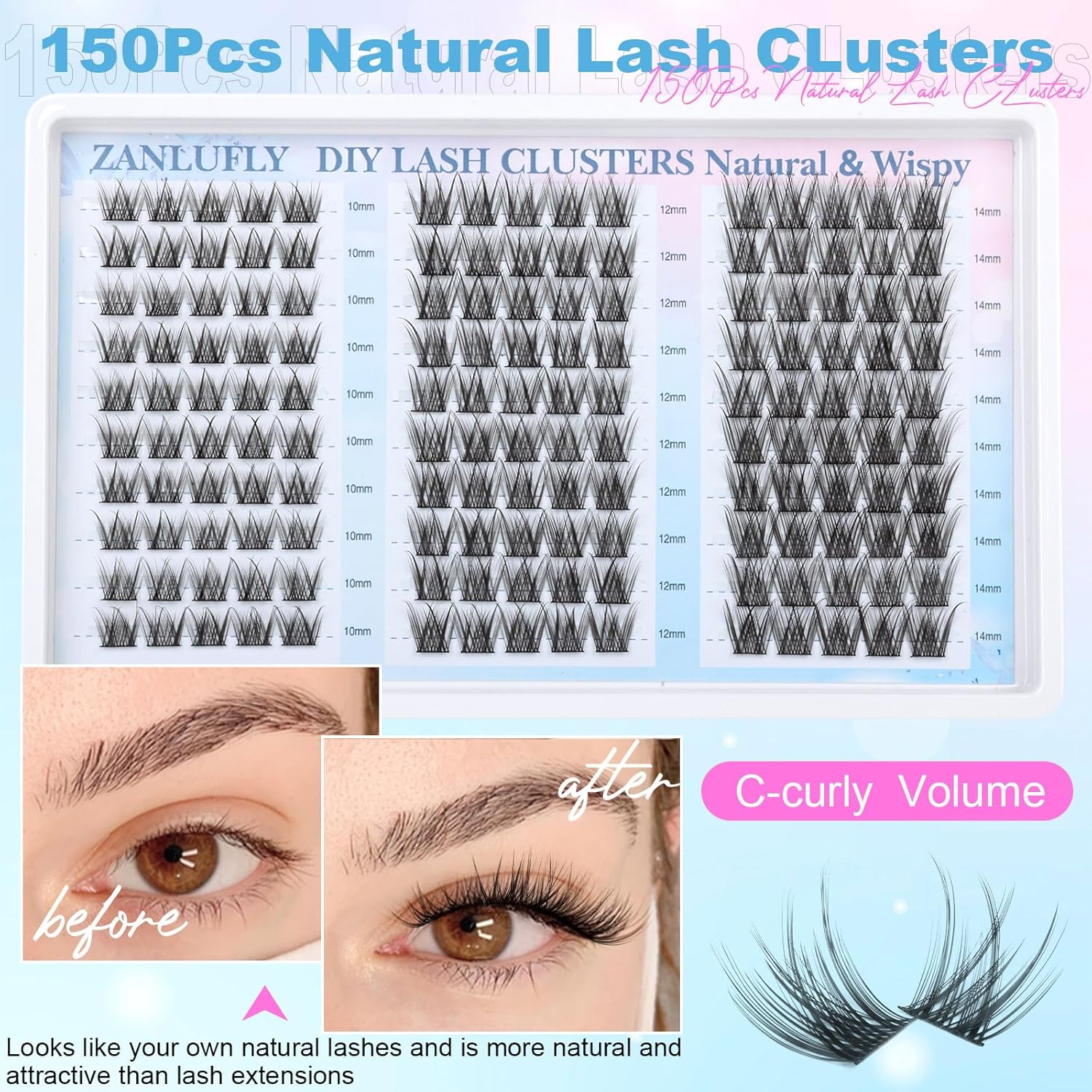 Lash Clusters Wispy Eyelash Clusters Natural C-Curly Cluster Lashes zanlufly Wispy Individual Lashes 150Pcs Eyelash Extension 10 12 14MM DIY Lash Extensional Lash Clusters - Image 5