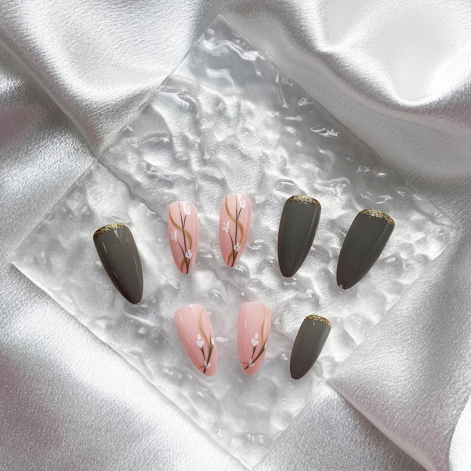 Almond Press on Nails Flower Fake Nails Medium False Nails with Designs Grey Acrylic Nails Gold Line Stick on Nails Spring Summer Glue on Nails Full Cover Glossy Artificial Fake Nails for Women Girls - Image 4