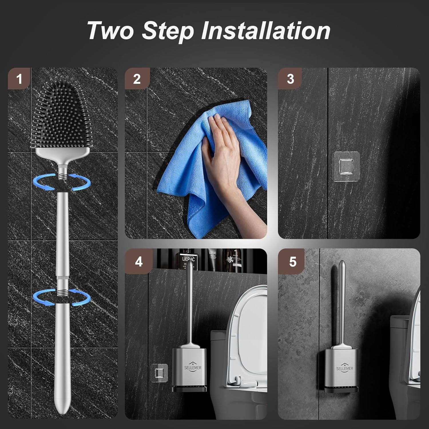 Sellemer Silver Toilet Brush and Holder Set with Flexible Silicone Bristles Compact Size - Image 6