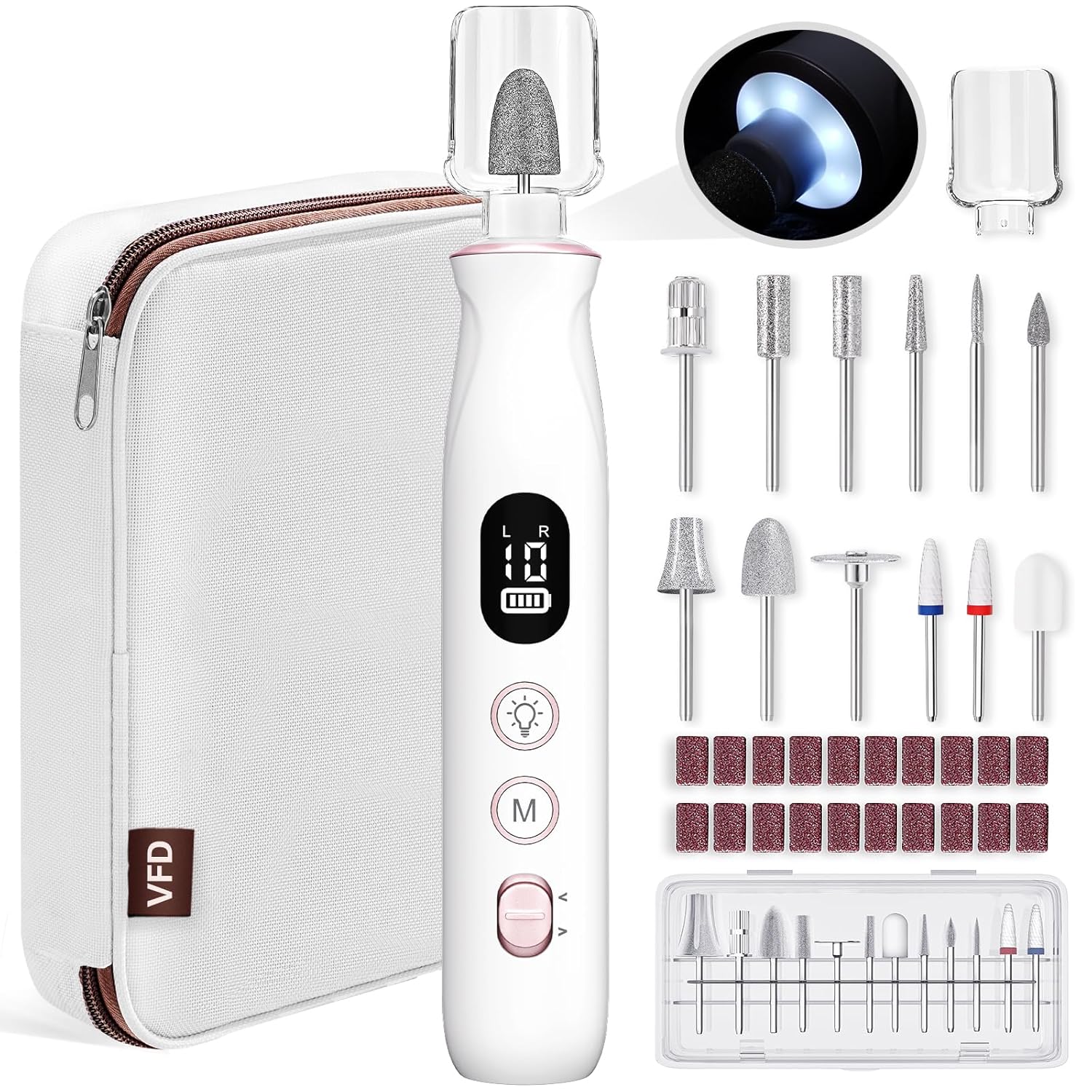 Electric Nail Drill, Cordless 2000 mAh Rechargeable Portable Nail File 12 in 1 Kit for Thick Toenails, 10 Speeds Nail Dril Machine Professional Manicure Pedicure for Hand Natural Nails Care (White)