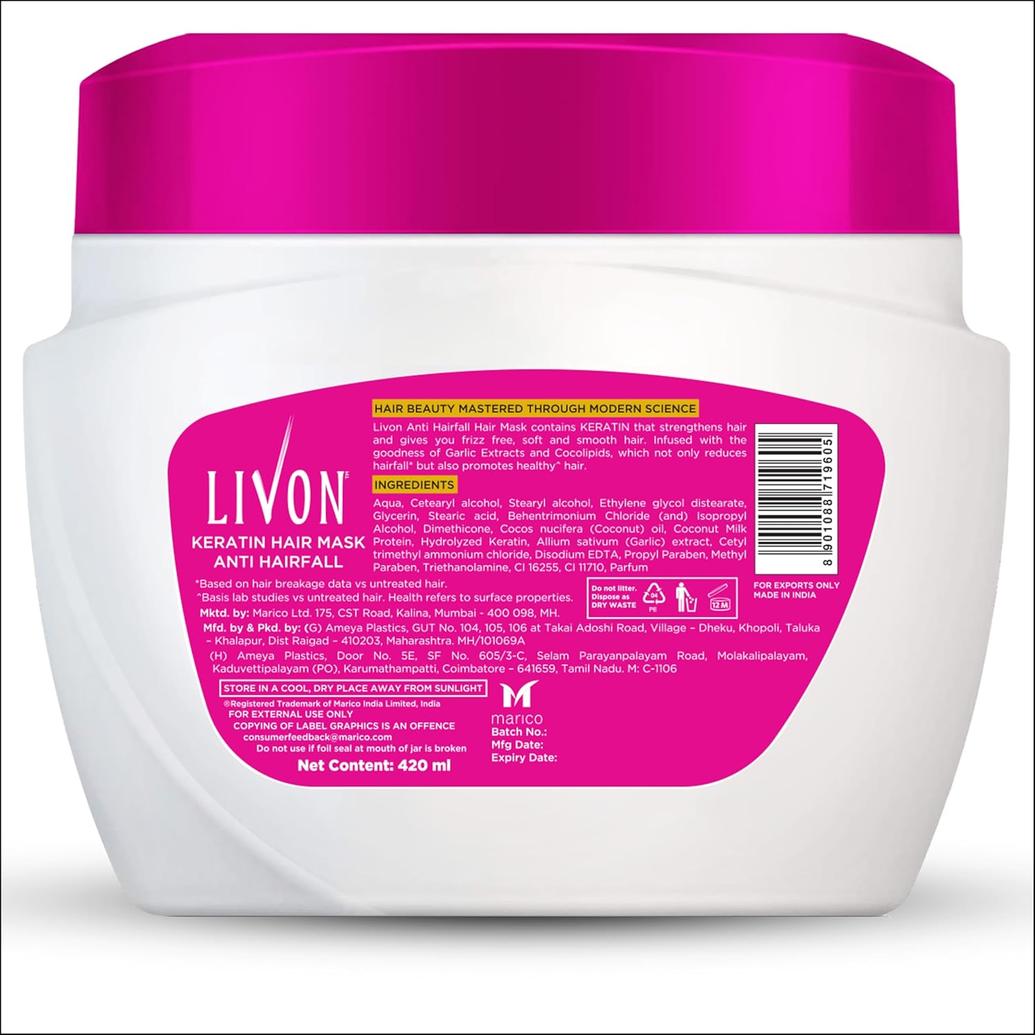 Livon Keratin Anti-Hair Fall Hair Mask 15.2 Fl. oz Conditioning Treatment for All Hair Types - Image 7
