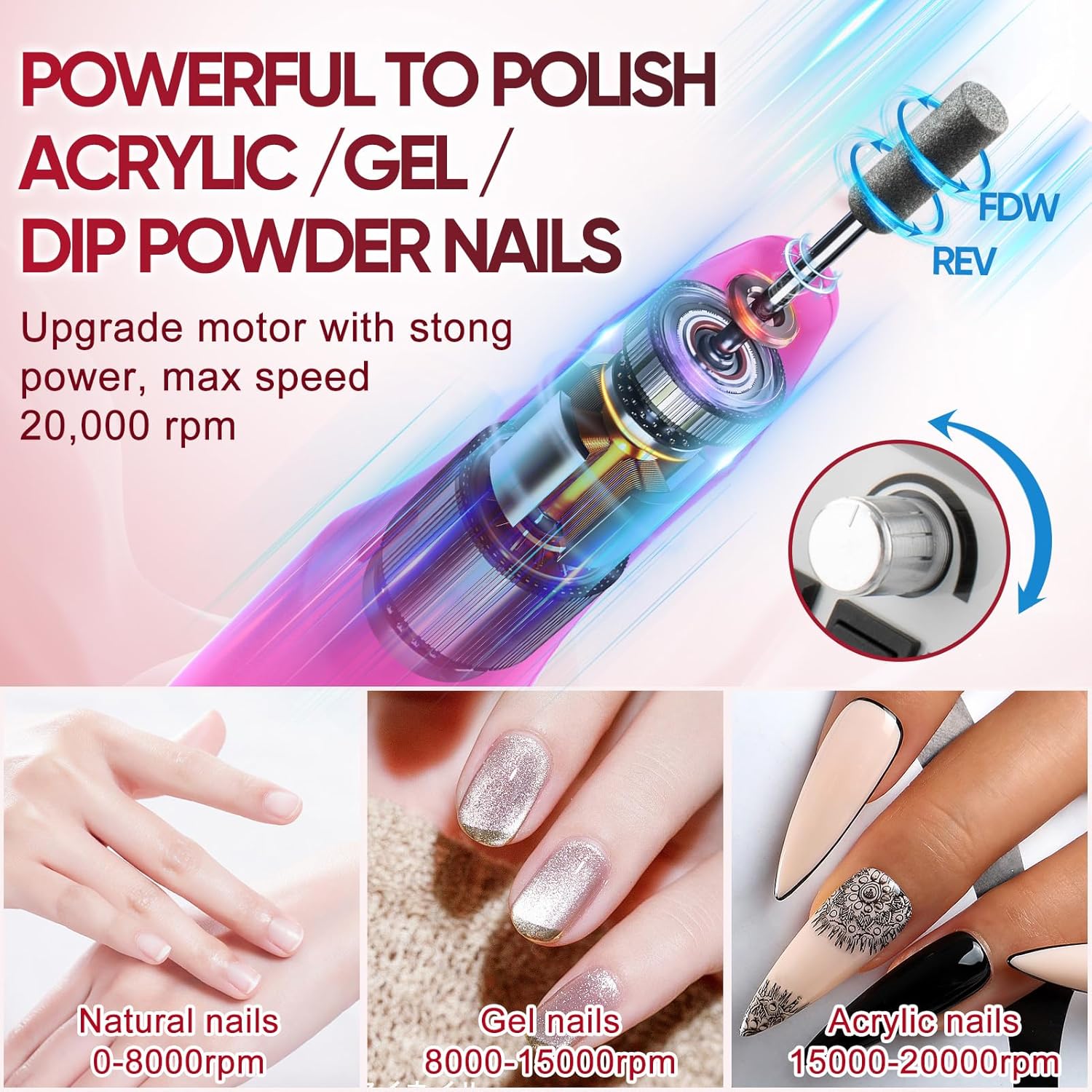 Professional Electric Nail Drill Kit for Manicure Pedicure, 156 Sanding Bands Included - Image 3