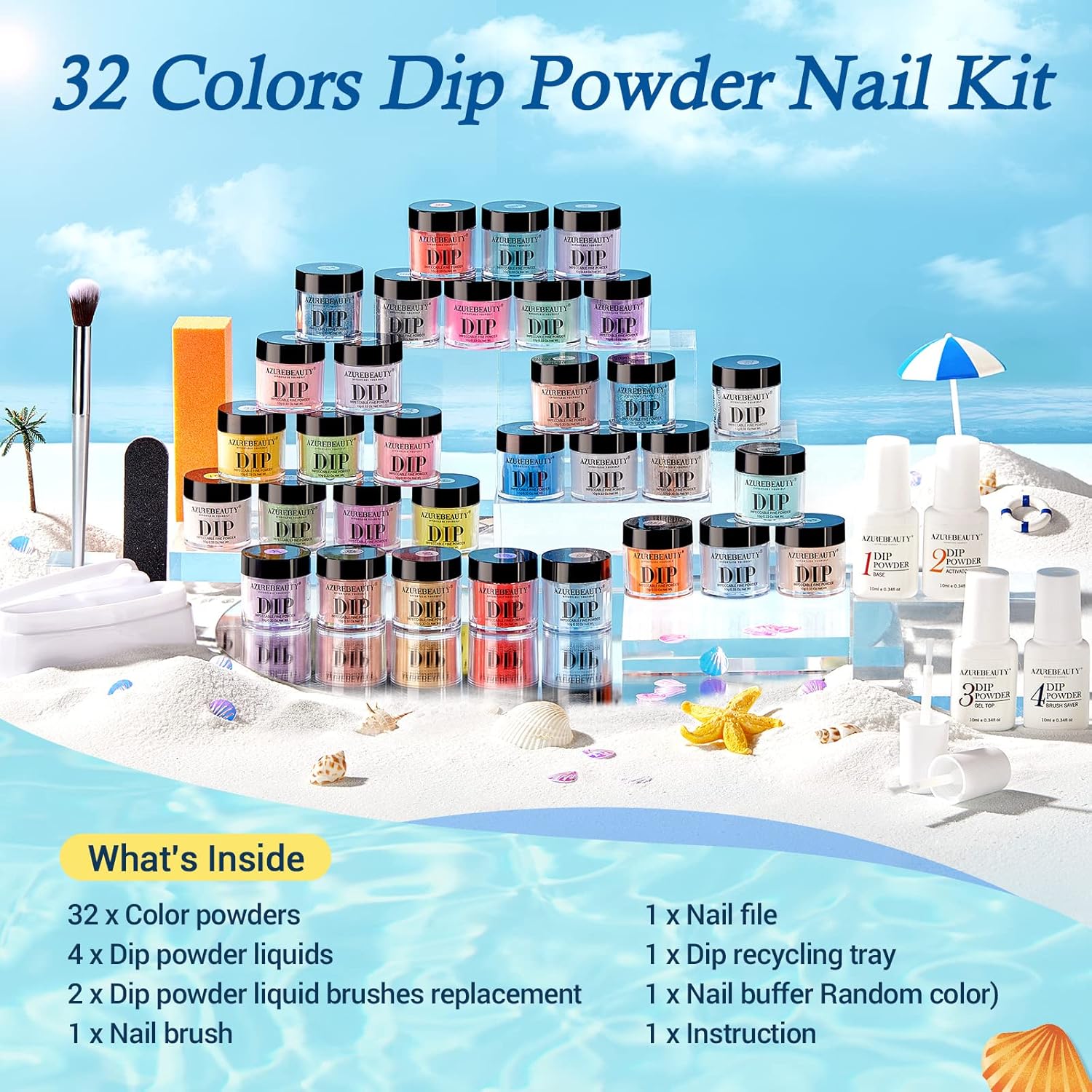 AZUREBEAUTY 42Pcs Dip Powder Nail Kit Starter - Going Summer, 32 Colors Blue Lilac Purple Pink Green Acrylic Nail Dipping Powder Set with Top/Base Coat Activator &Tray for French Art Manicure DIY Home - Image 8