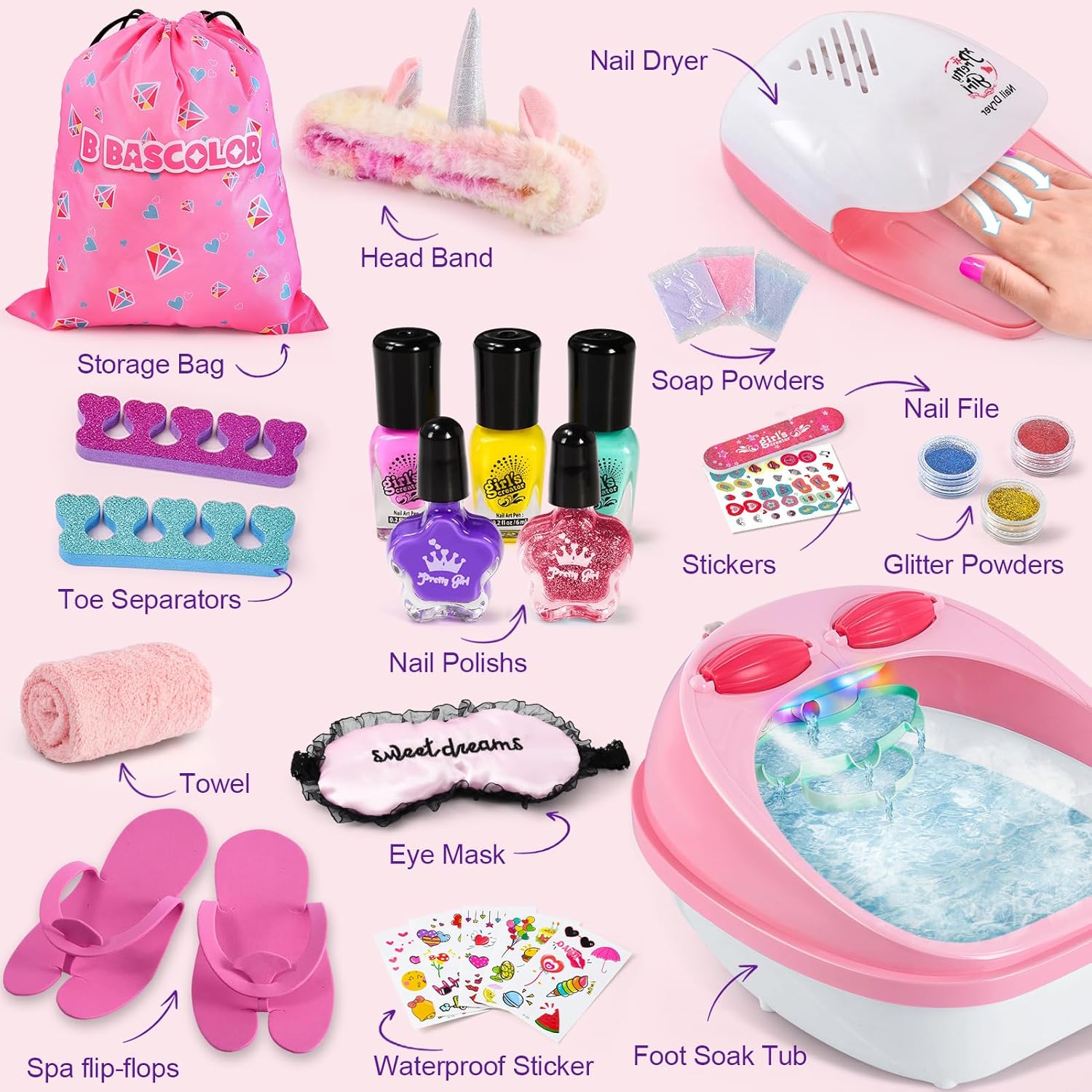 Kids Foot Spa & Nail Kit Set, Kids Spa Day Kit for Girls, Massage Foot Soak Tub and Nail Dryer, Manicure Pedicure Art Salon Girl Gift for 5-12, Christmas Birthday Gifts - Image 3