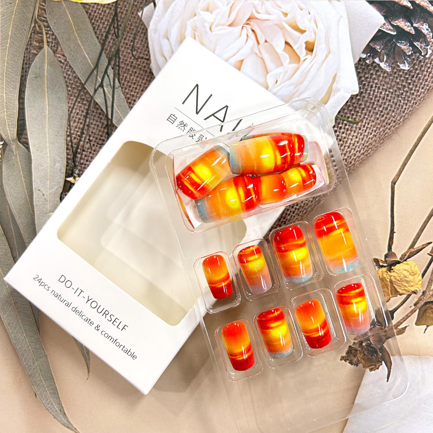 TBRZTR Sunset False Nails Press on Nails Medium Square Fake Nails Clouds Pattern Design Acrylic Nails Full Cover Stick on Nails Press Nails with Charm Acrylic Glossy Glue on Nails for Women 24Pcs - Image 5