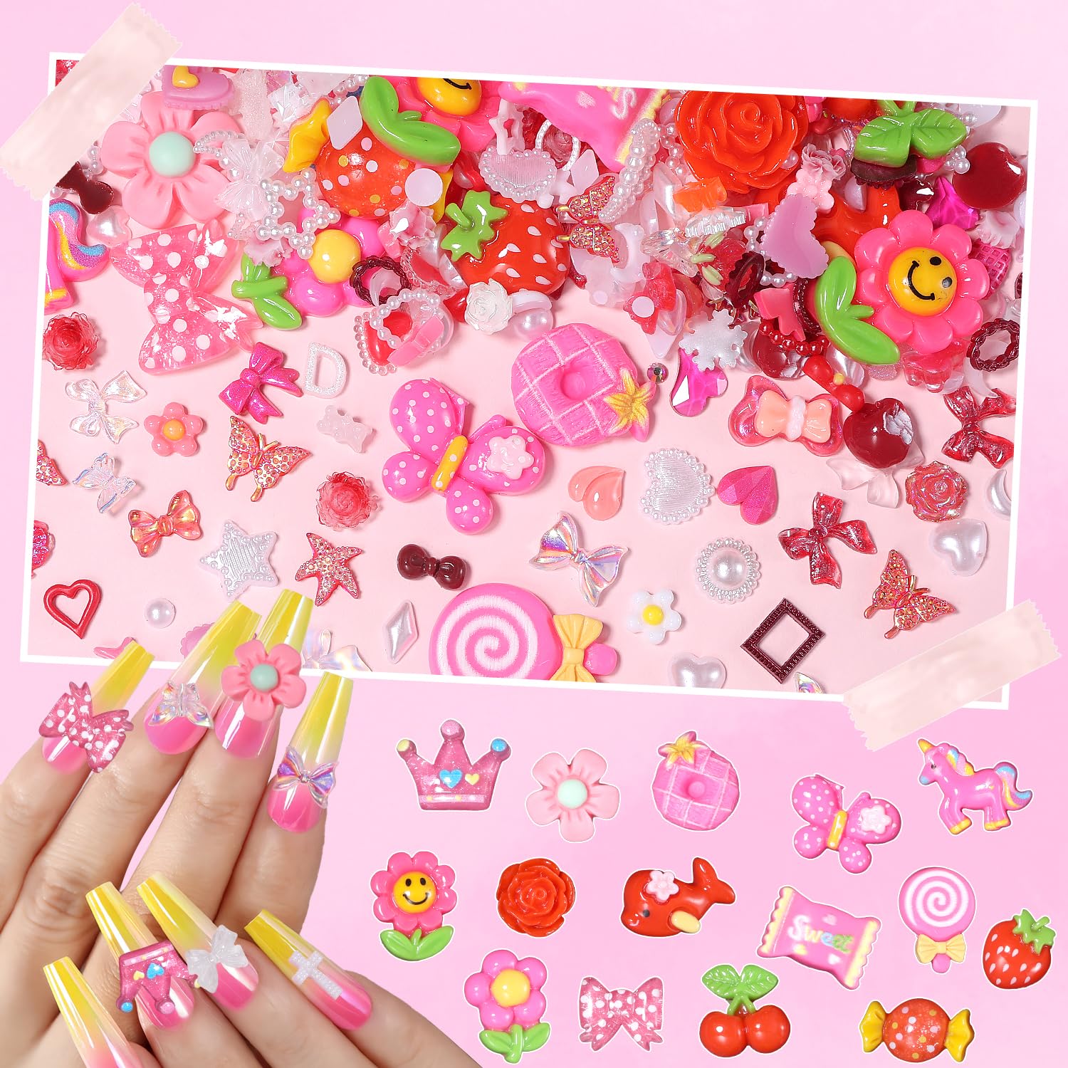 300 Pcs 3D Assorted Flower Candy Lollipop Junk Nail Charms, Acrylic Cute Nail Candy Charms, Flower Bow Star Heart Junk Case Candy Charms for Nail Art DIY Crafts Accessories(S5-Red Charms) - Image 2