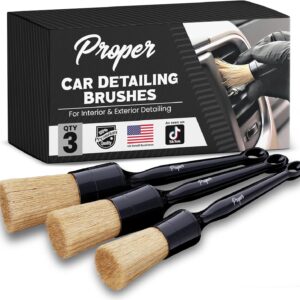 Car Detailing Brush Set, Premium Soft Boars Hair Bristles, Clean Auto Interior (Leather Seats, Air Vents) or Exterior (Wheels, Paint, Emblems) Detail Brushes Car Detailing Starter Pack (3 Pack)