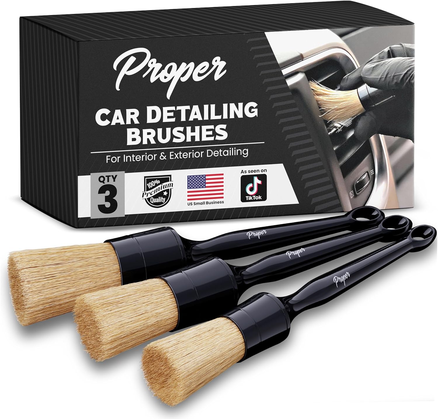 Car Detailing Brush Set, Premium Soft Boars Hair Bristles, Clean Auto Interior (Leather Seats, Air Vents) or Exterior (Wheels, Paint, Emblems) Detail Brushes Car Detailing Starter Pack (3 Pack)