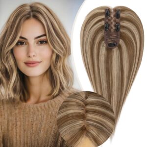 Rich Choices Hair Toppers for Women Real Human Hair 100% Human Remy Toppers for Women with Thinning Clip in NO Bangs Lace Base 150% Density 08 Inch #4P27 Medium Brown Highlight Dark Blonde