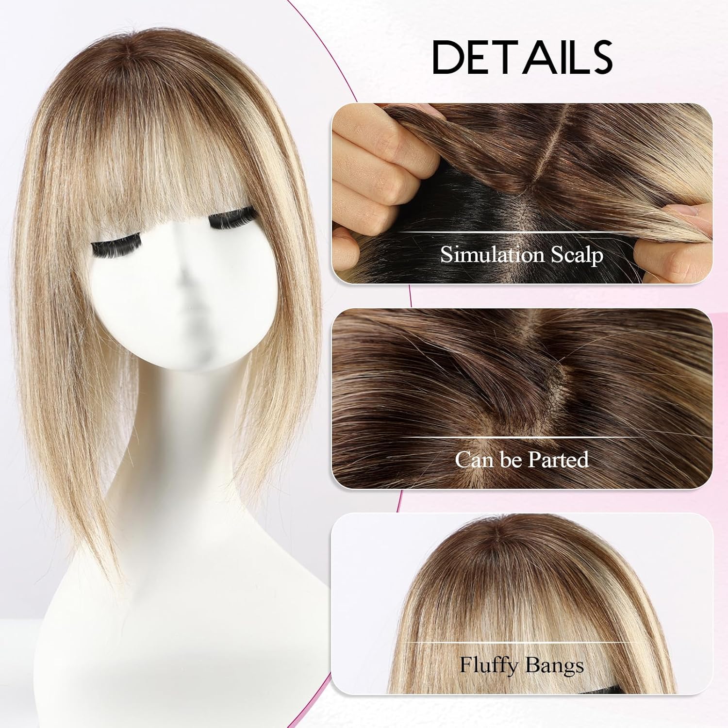 EMMOR Human Hair Toppers for Women with Thinning Hair with Bangs 12inch Skin Scalp 5"×6" Big Base Cover Hair Loss Top Hairpieces Wiglets(Ombre Blonde with Highlight) - Image 3