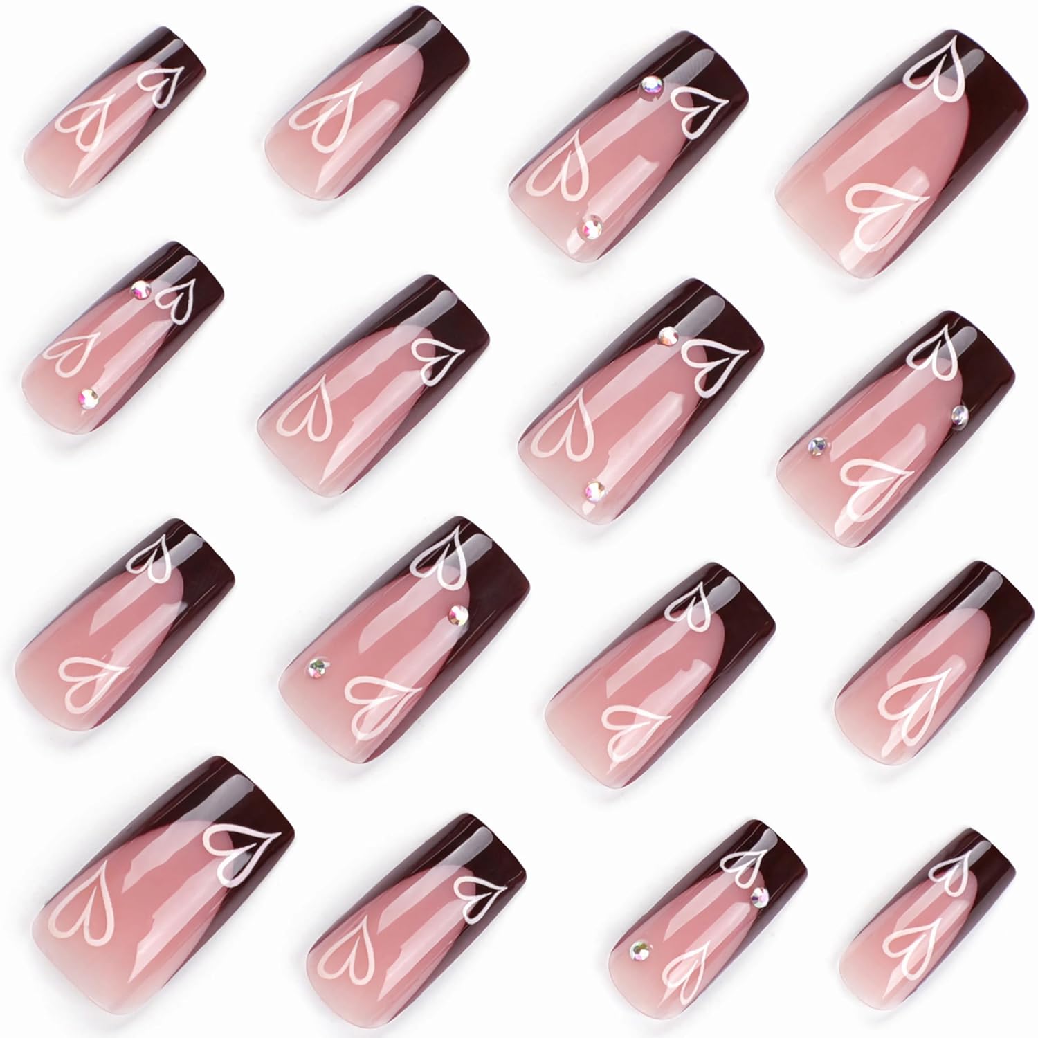 BABALAL Fall French Tip Press on Nails Medium Square Fake Nails Brown Glue on Nails Heart Rhinestone Design Shiny Acrylic Nails 24Pcs Squoval Manicure Artificial Cute False Nails for Women and Girls - Image 3