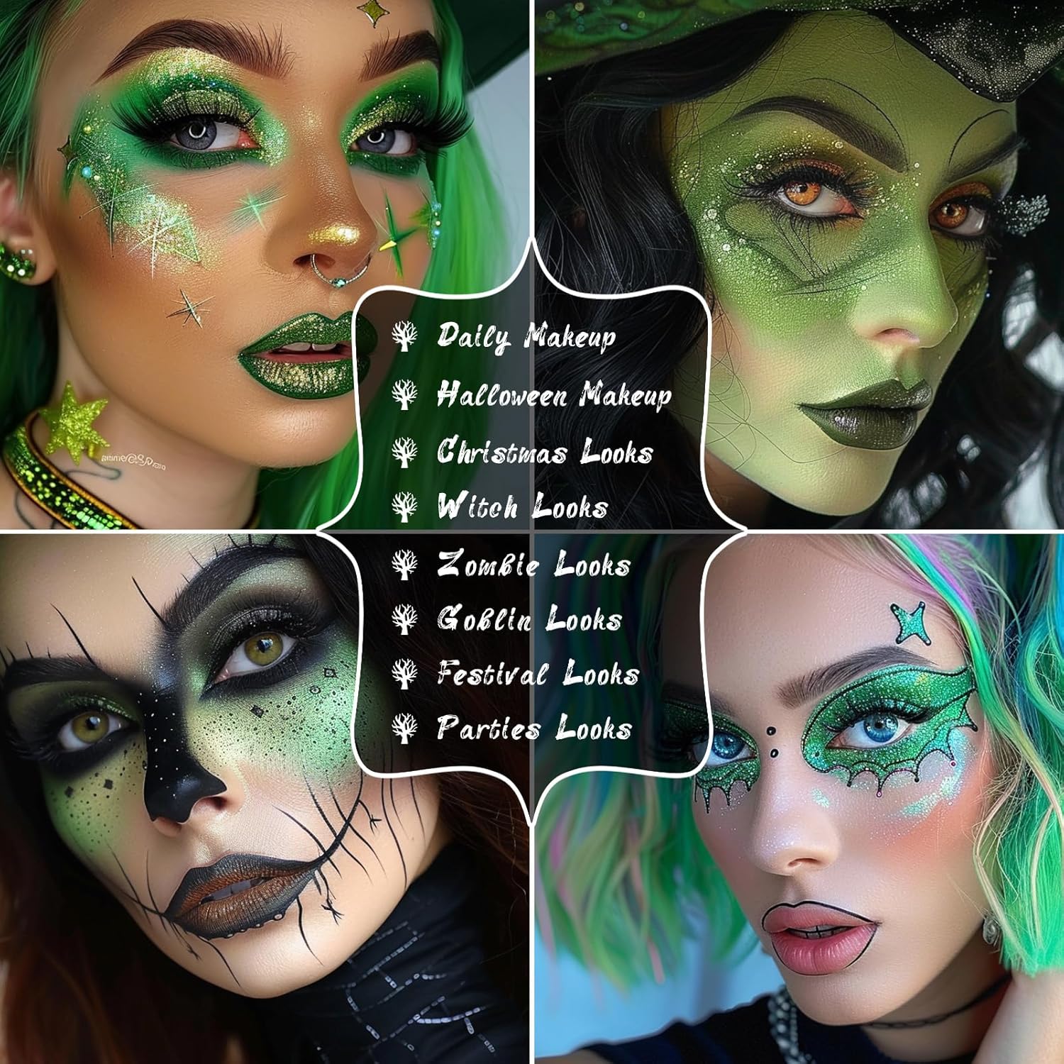 UCANBE Green Eyeshadow Makeup Palette, 15 Colors Bright Dark Green Shimmer Matte Metallic Glitter Eye Shadow, Forest Emerald Lime Pallet Kit for Cosplay Parties Christmas Halloween SFX - Image 5