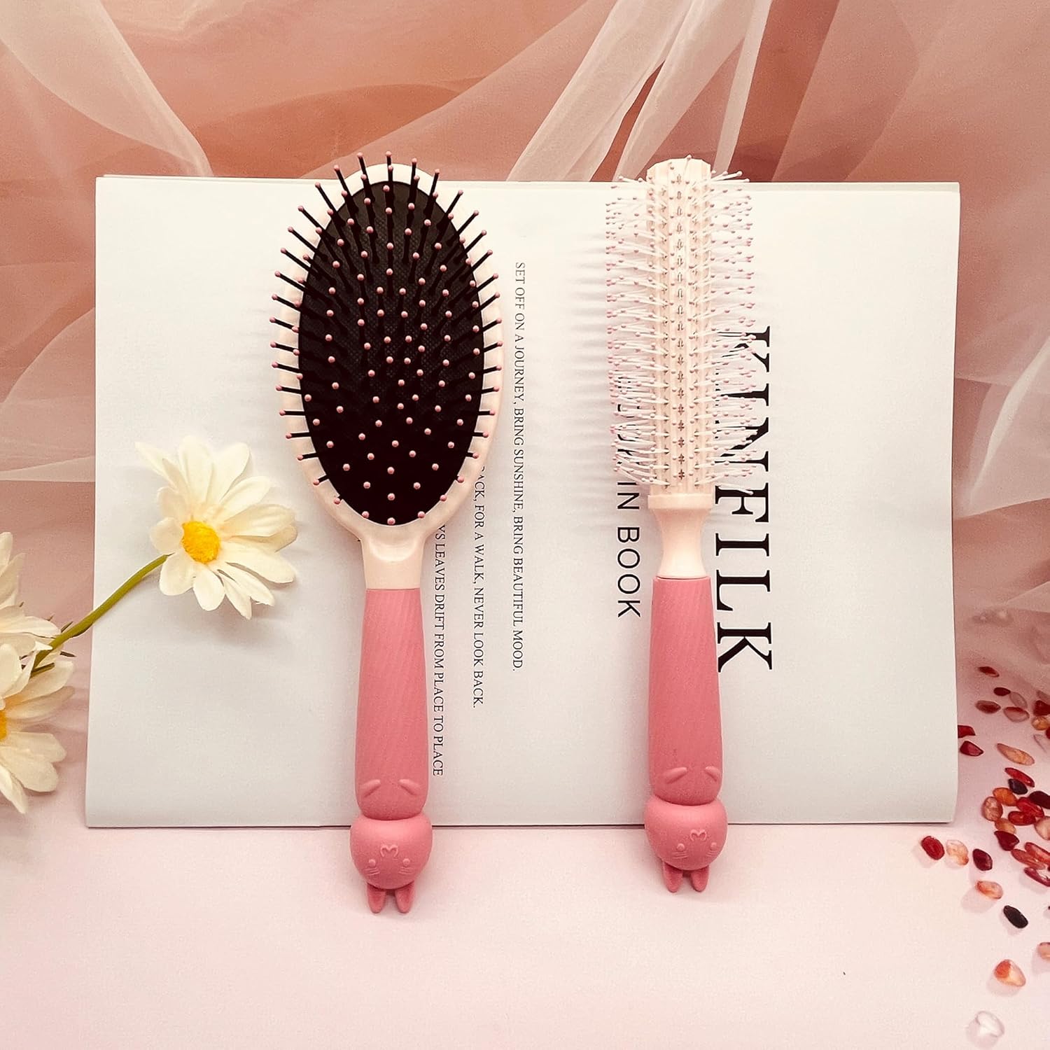 4 Pieces Hair Brush Hair Comb Set For Women Girls Gift Cute shaped Hair Comb Hair Brush Handheld Mirror Set Travel Detangling Comb Massage HairBrush with Air Cushion For Wet Dry Hair (Pink) - Image 7