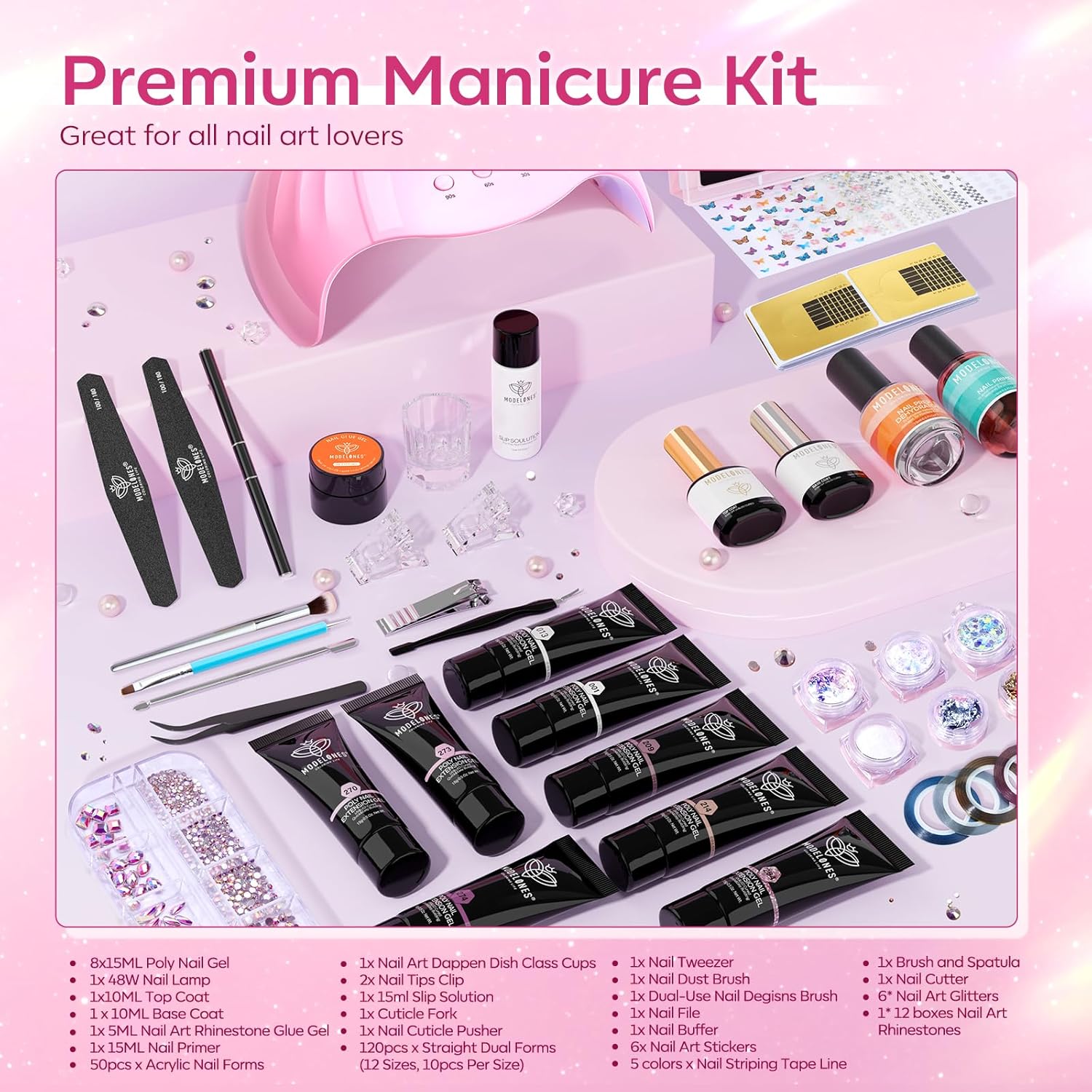 Modelones Poly Nail Gel Kit 8 Rosy Pink Colors with 48W U V/LED Lamp Poly Extension Gel Complete Nail Art Tools Professional Starter Manicure Kit Supplies Rhinestone Glitters Beauty Gift DIY at Home - Image 6