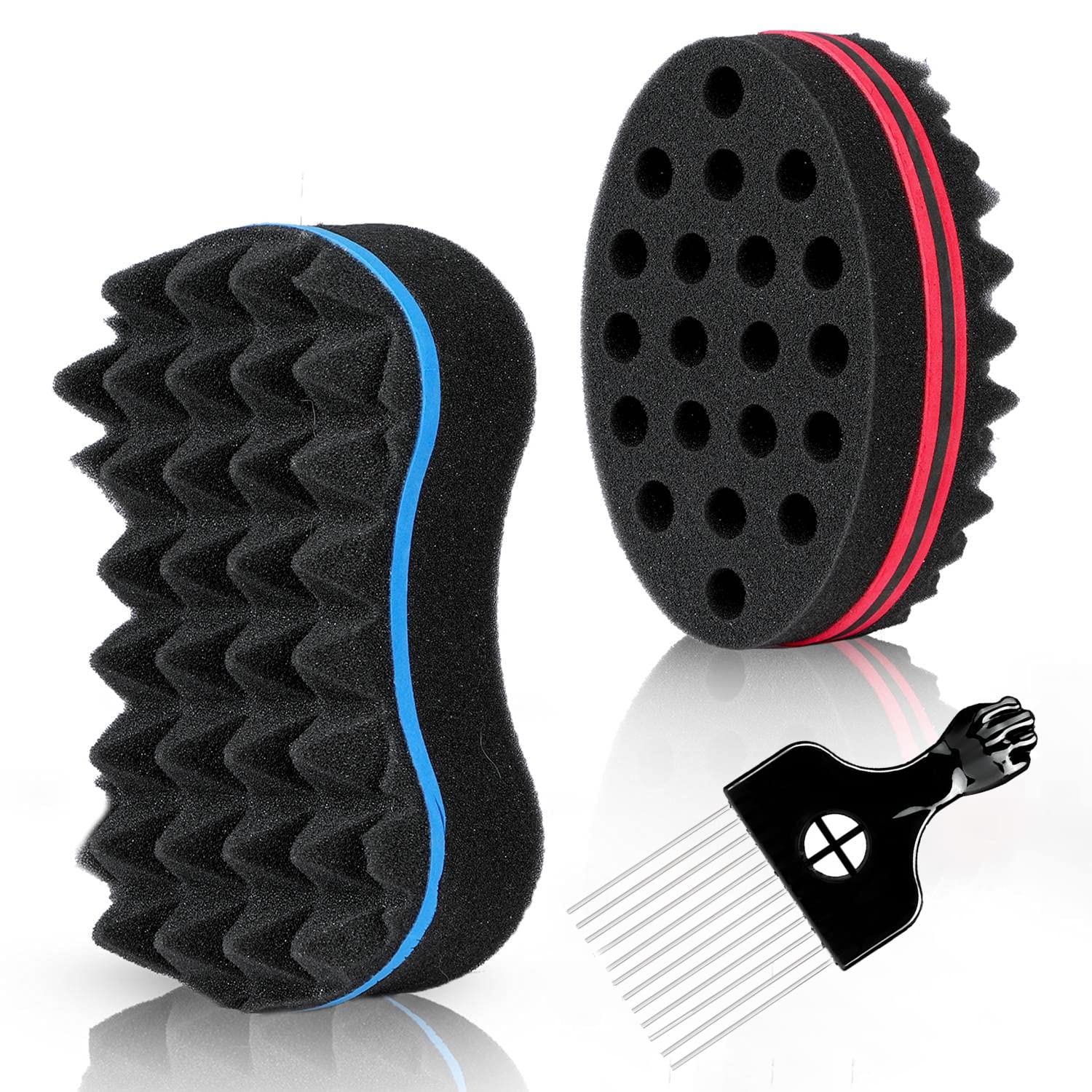 3Pcs Hair Styling Set for All - Curl Brush, Twist Sponge for Textured Hair with Metal Pick