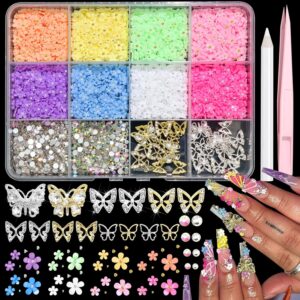 RODAKY Colorful 3D Flower Nail Charms, Metal Butterfly & Gem Rhinestone Blossom Decoration