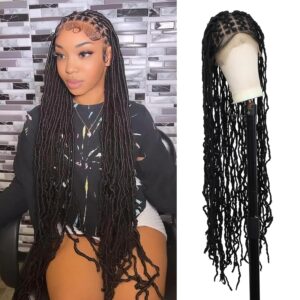 Kalyss 38" Locs Braided Wigs for Black Women Full Double Lace Braided Wig Braided Lace Front Wigs Criss Cross Knotless Braided Wigs Human Hair Blended Cornrow Braid Wig with Baby Hair Natural Black
