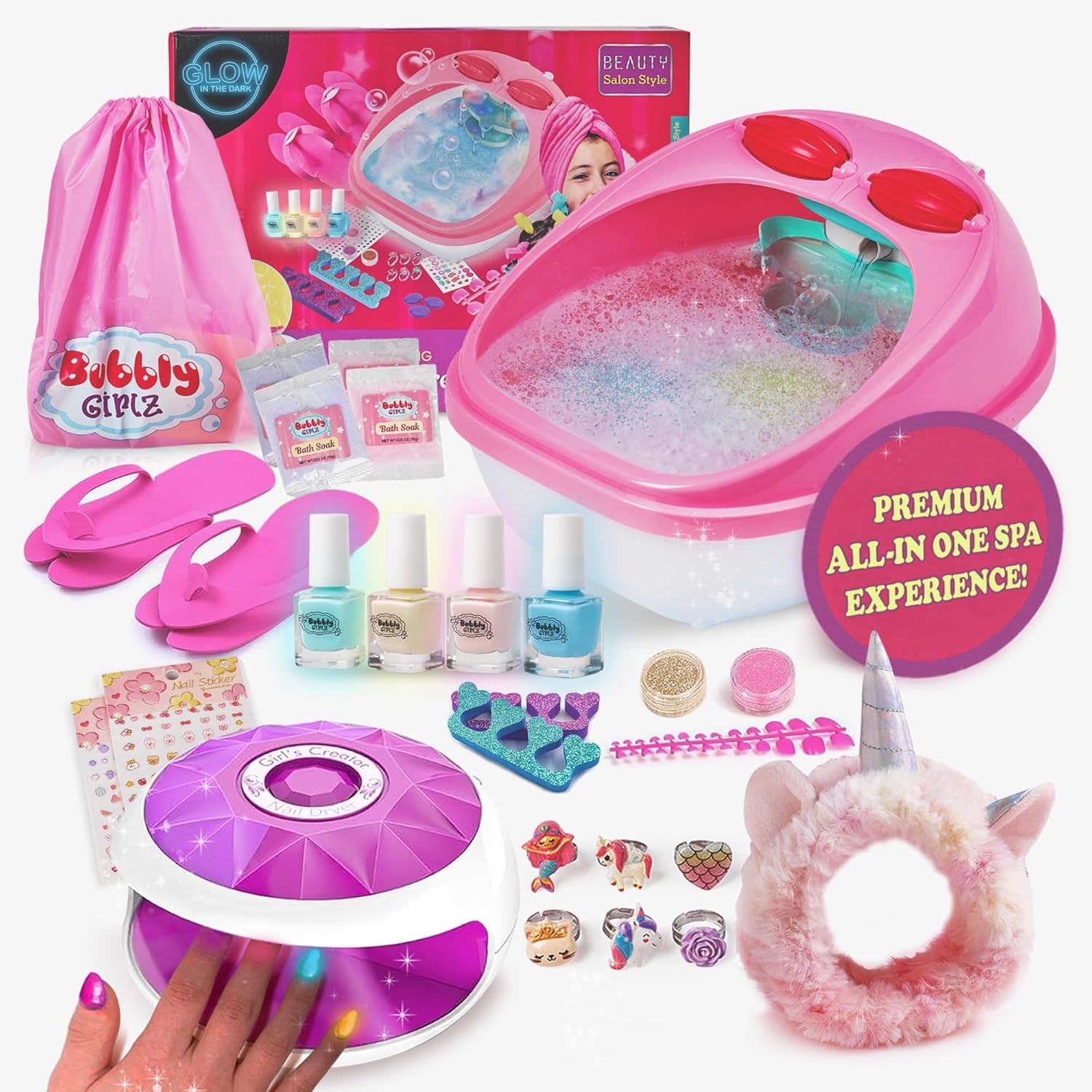 Glow in Dark Kids Spa Day Kit for Girls - 42+ Piece Set Waterfall Foot Spa - Perfect Spa Kit for Girls, Fun Pedicure and Party Supplies, Ideal for Girls Ages 6 7 8 9 10-12
