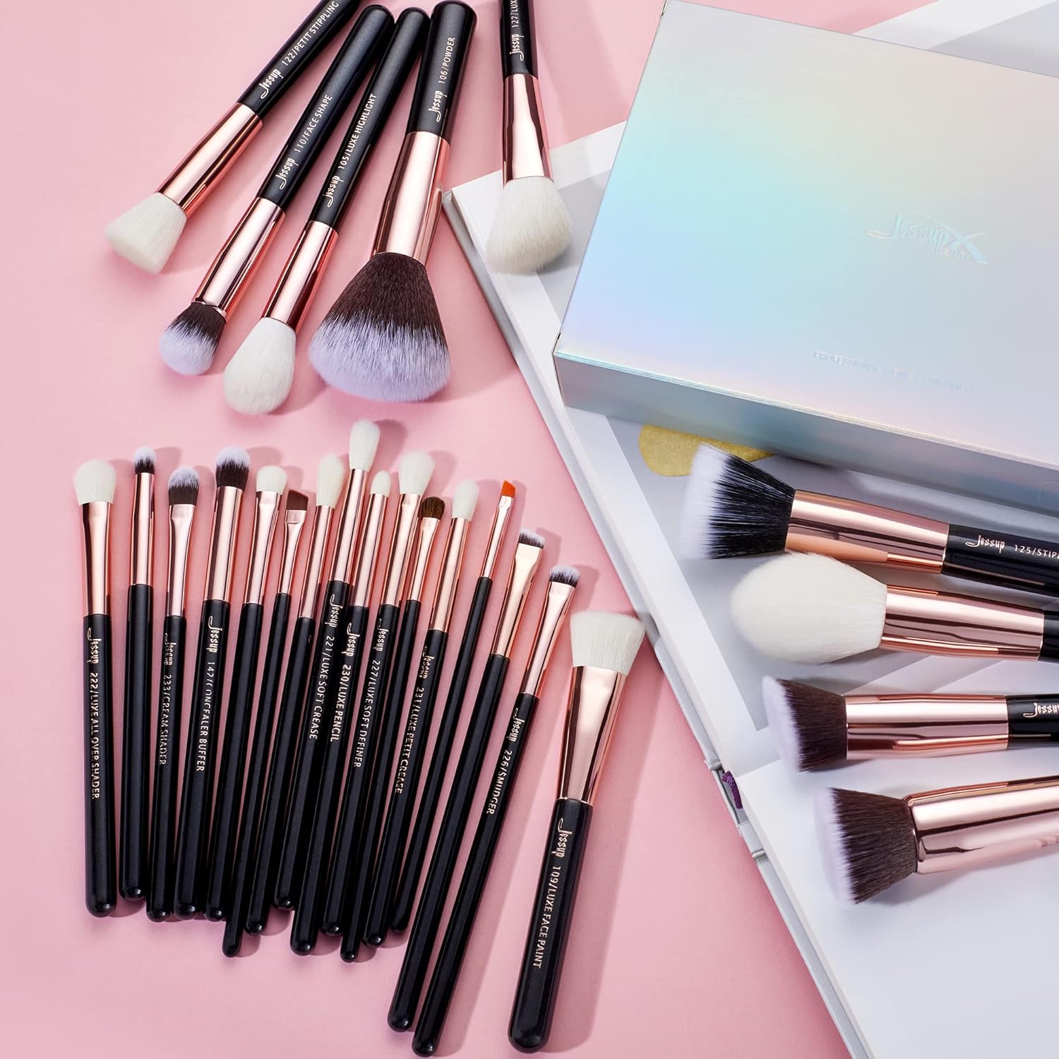 Jessup Brand 25pcs Professional Makeup Brush Set Beauty Cosmetic Foundation Powder Blusher Eyeshadow Blending Natural-Synthetic Hair Brushes Set (Black/Rose Gold) - Image 2