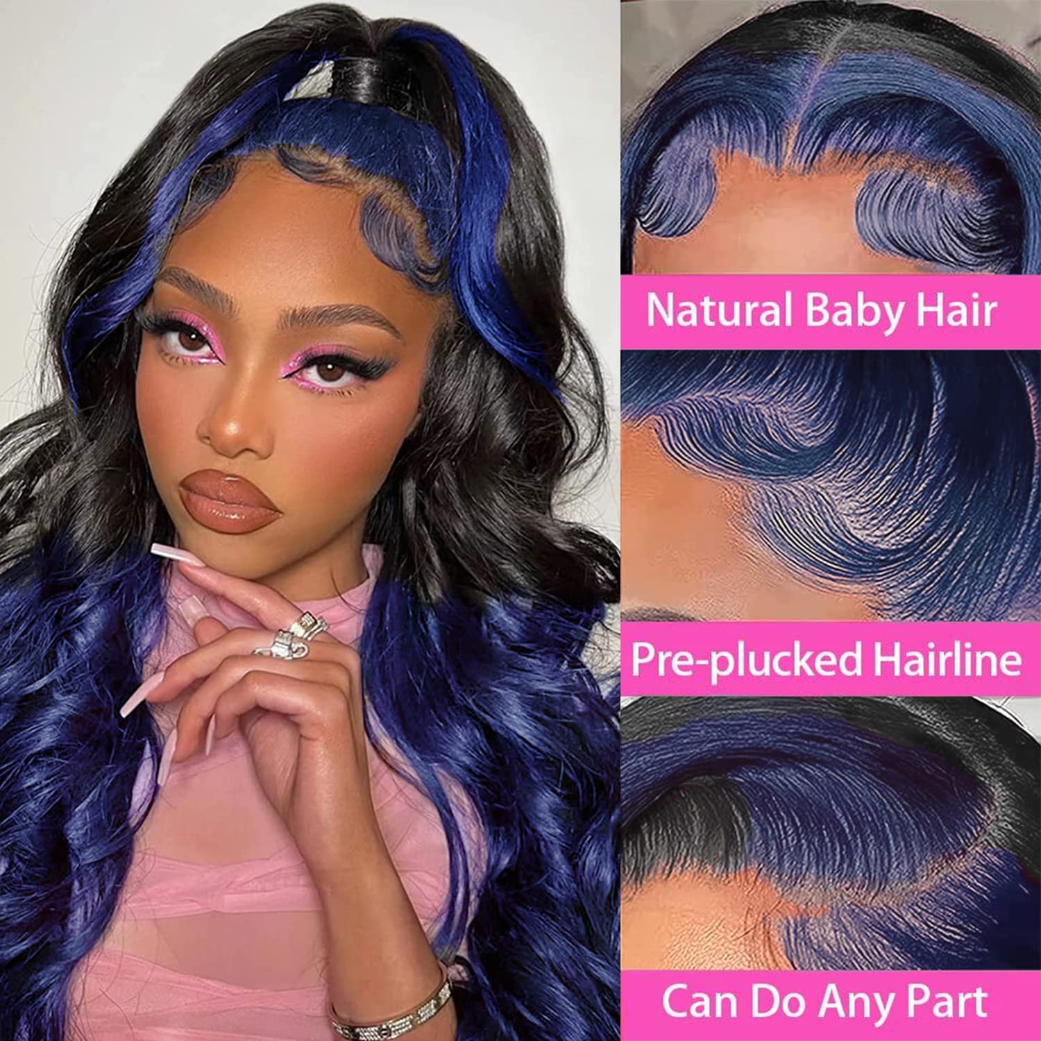 Colorful Bird Ombre Blue Lace Front Wigs Human Hair Body Wave 13x4 Skunk Stripe Royal Blue Lace Front Wigs 150% 1B/blue Ombre Highlight HD Lace Front Wig Human Hair Pre Plucked with Baby Hair 18 inch - Image 2