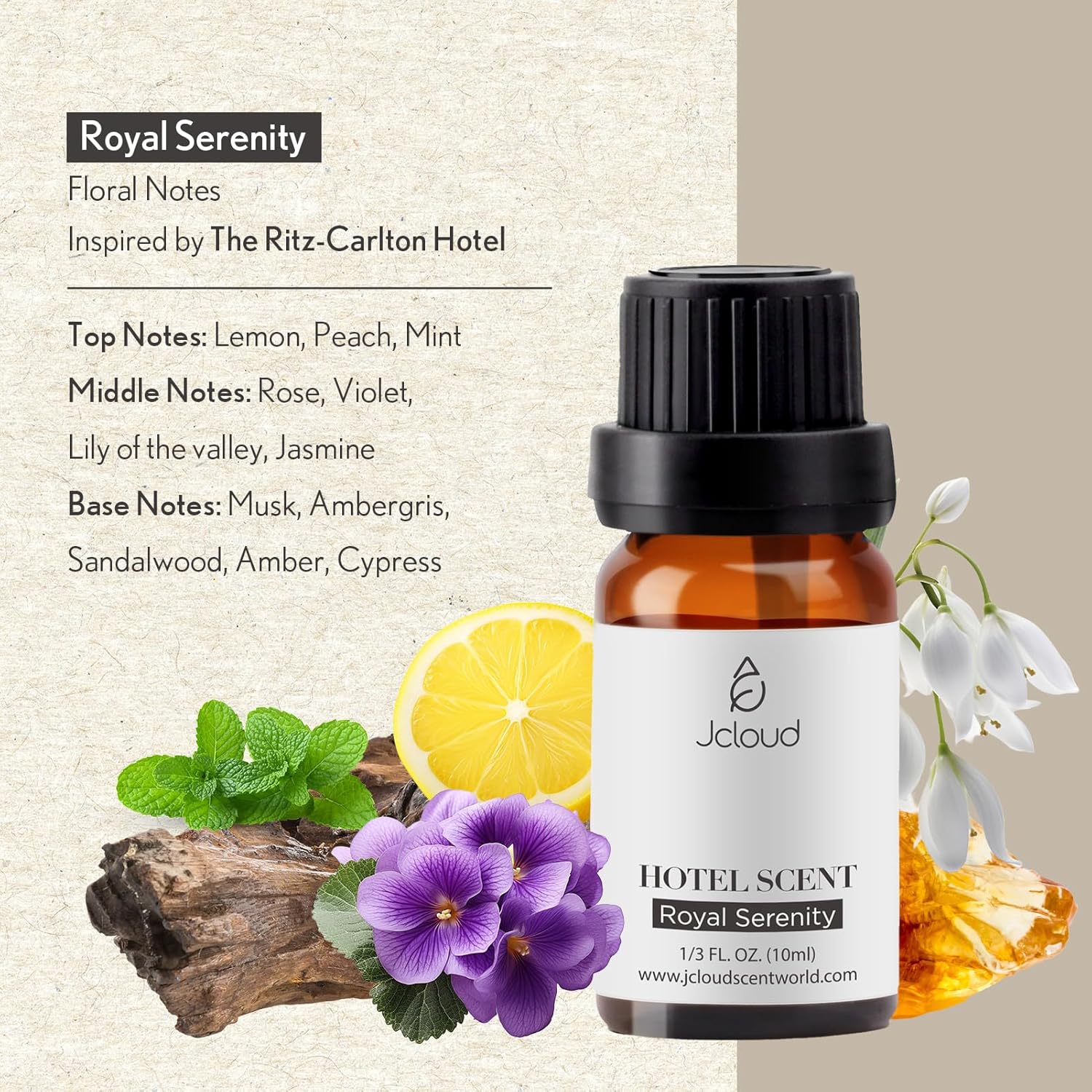 JCLOUD Royal Serenity Essential Oil - Inspired by Ritz-Carlton Hotel Scent - Pure Aromatherapy Diffuser Oil with Lemon, Jasmine and Amber, Home Luxury Scents - 10mL - Image 4