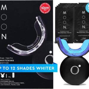 MOON LED Teeth Whitening Kit - Gentle Teeth Whitener Device, 56 White Strips, USB Charger & Travel Case - Blue Light Whitening Tray Removes Stains & Whitens Up to 12 Shades in 2 Weeks (4 Piece Kit)