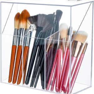 Acrylic Makeup Brush Holder with Lid - Clear Cosmetic Makeup Brush Organizer and Storage Box with Cover for Vanity - Large Capacity 3-Slots Container for Brushes (Clear)