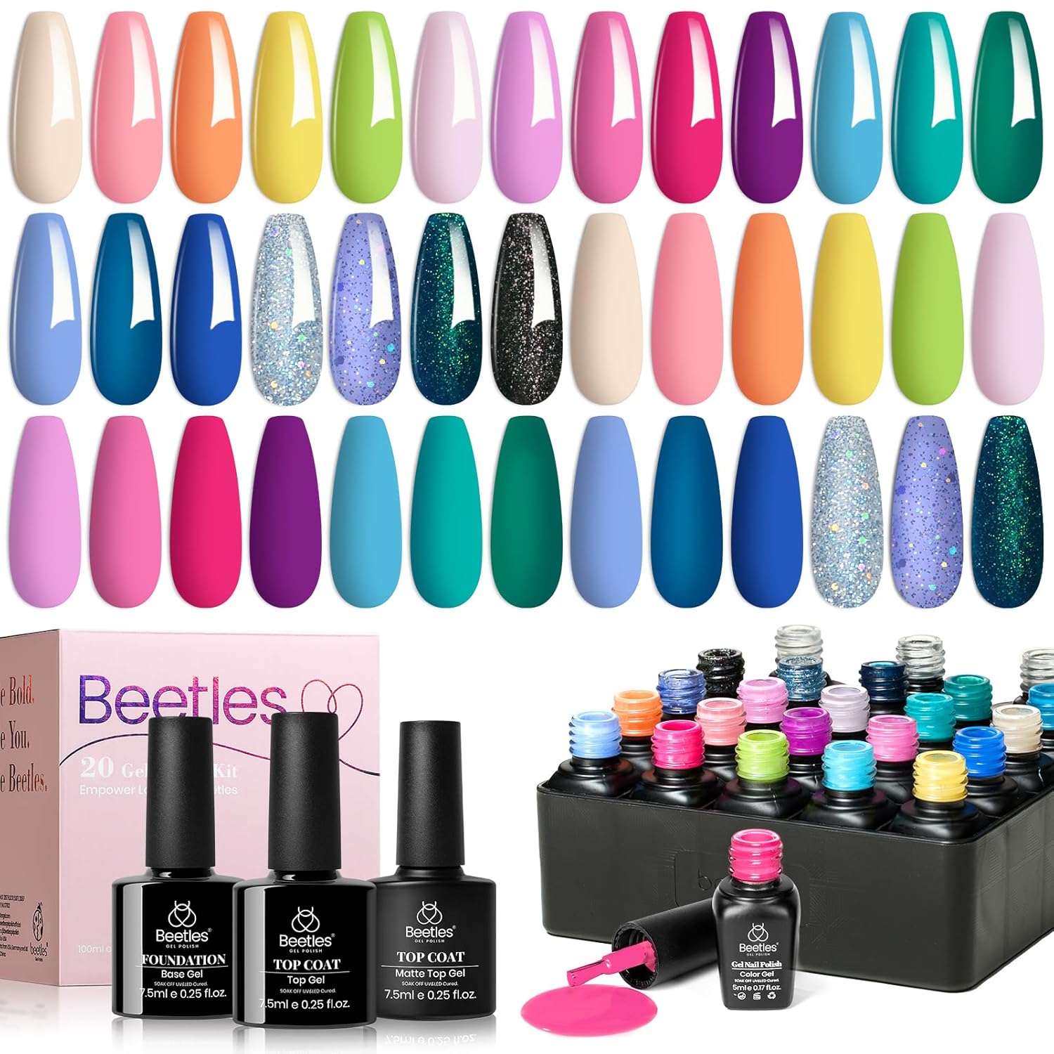 Beetles Gel Nail Polish Set- 23Pcs Summer Color Gel Polish with Base Gel Top Coat Bright Colors, Gel Polish Kit Blue Pink Purple Orange Green Glitter Soak Off Uv Led Trendy Rainbow Nail Art - Image 7