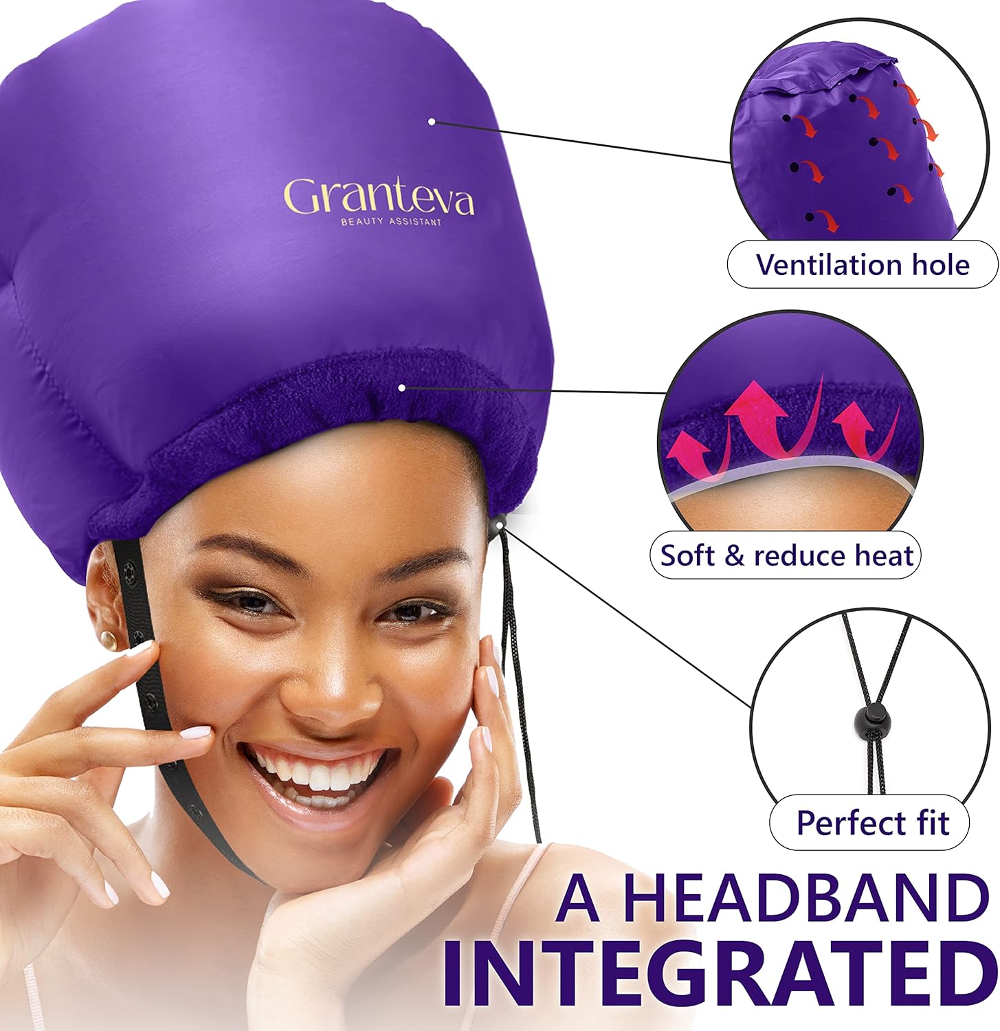 Bonnet Hair Dryer w/A Headband Integrated That Reduces Heat Around Ears & Neck - Hair Dryer Diffuser Cap for Hair Dryer Curly Hair, Speeds Up Drying Time, Deep Conditioning at Home - Large (Purple) - Image 2