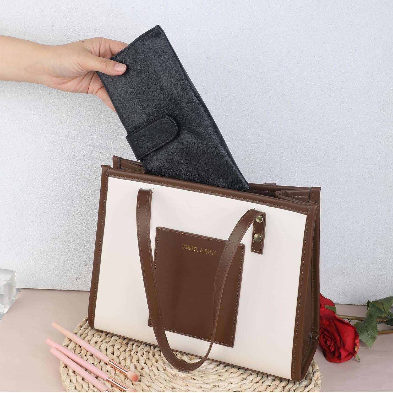 Black PU Leather Makeup Brush Holder and Roll Up Organizer Bag for Women - Image 5