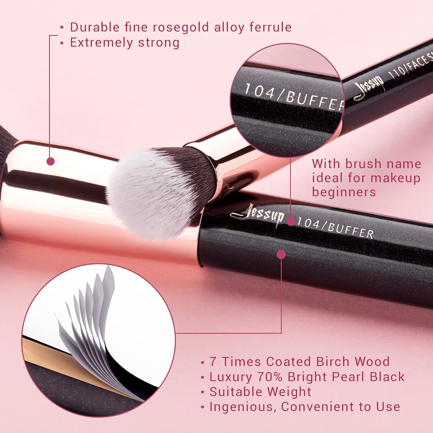 Jessup Brand 25pcs Professional Makeup Brush Set Beauty Cosmetic Foundation Powder Blusher Eyeshadow Blending Natural-Synthetic Hair Brushes Set (Black/Rose Gold) - Image 7