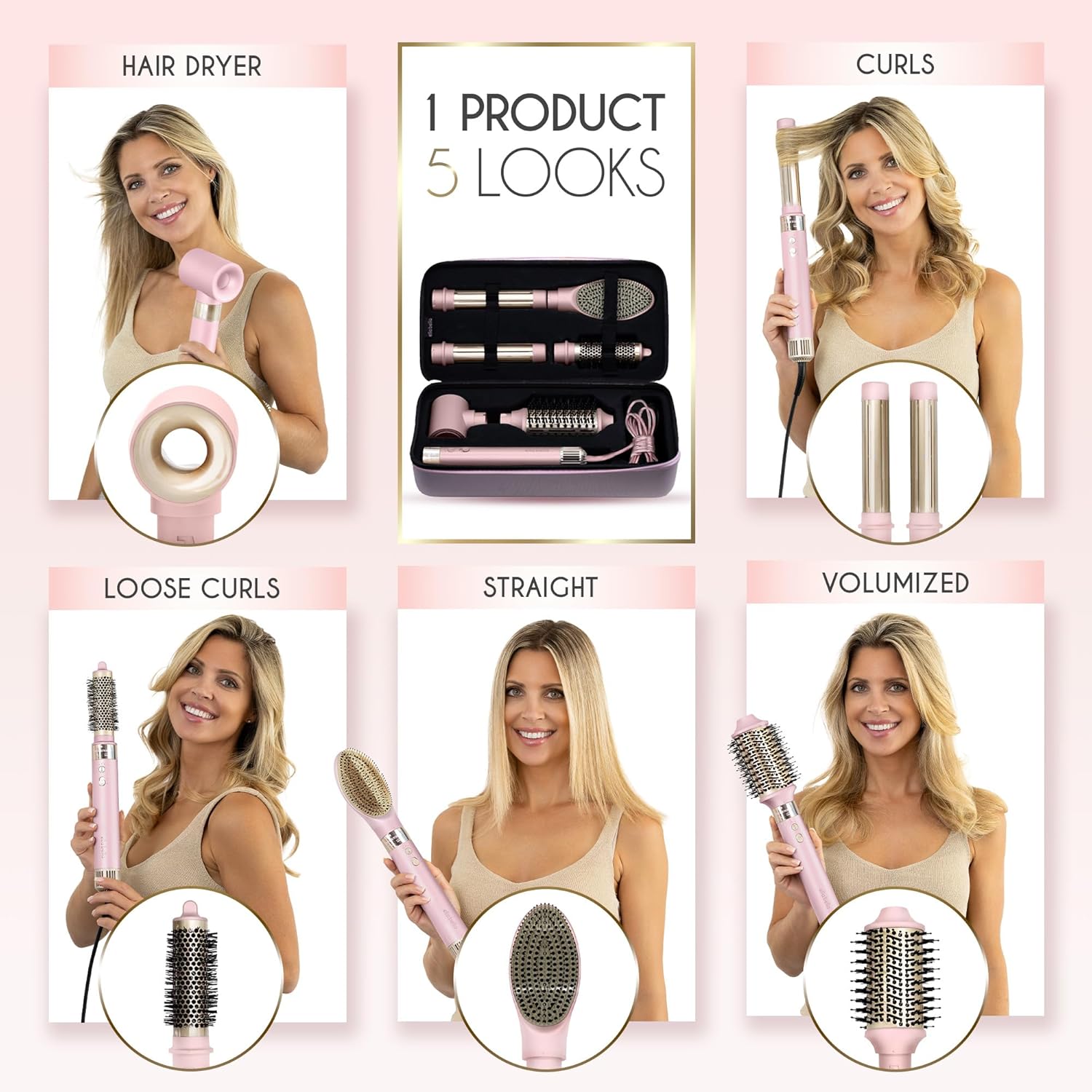 ELLA BELLA® 6 in 1 Professional Hot Air Styler • Powerful Hair Dryer & Straightener Set • Styling Without Heat Damage • Fast Drying Curling Volumizing Straightening • Protective Travel Case (Pink) - Image 3