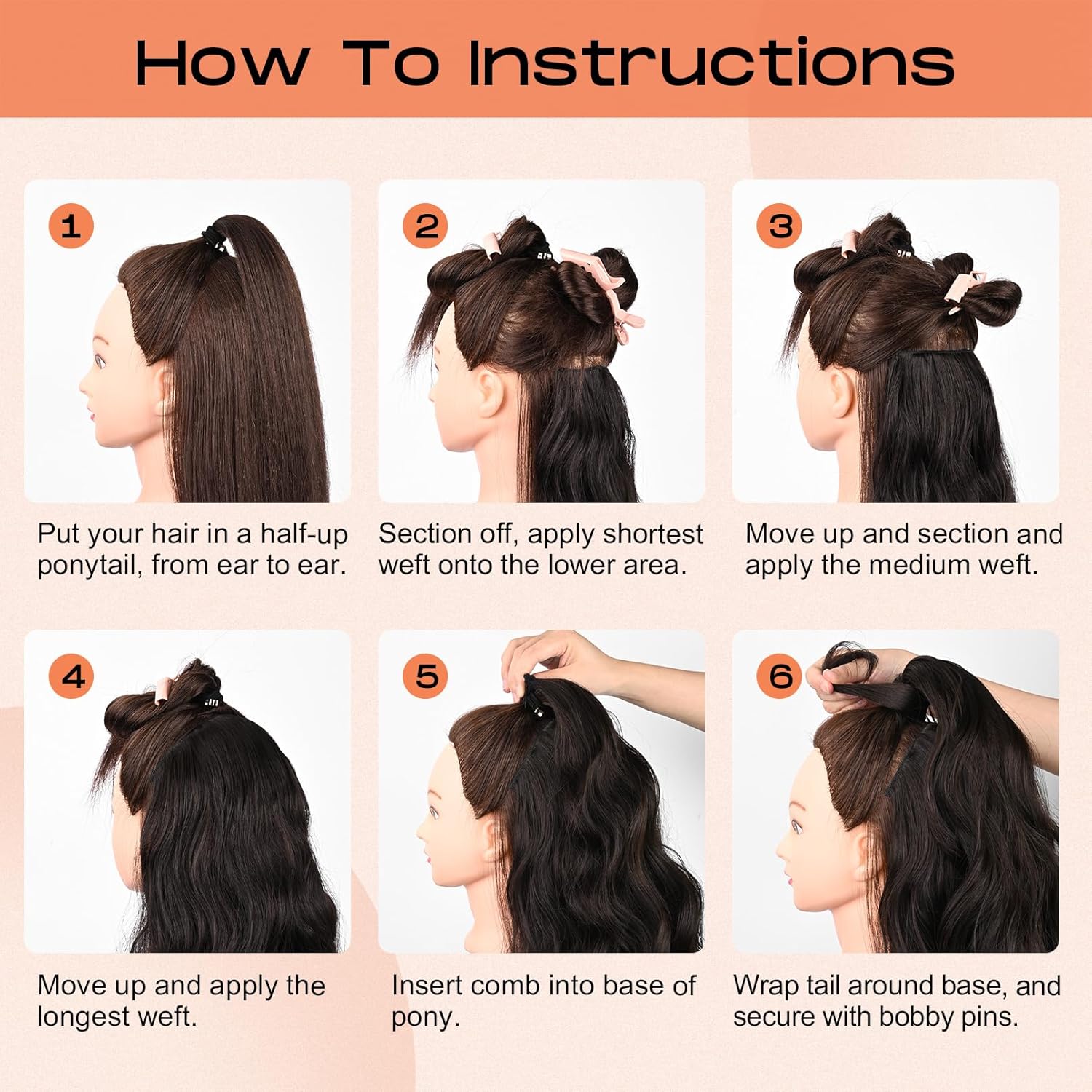 SEIKEA 4PCS 16 Inch Black Wavy Clip-in Half Up Half Down Ponytail Extension Set - Image 6