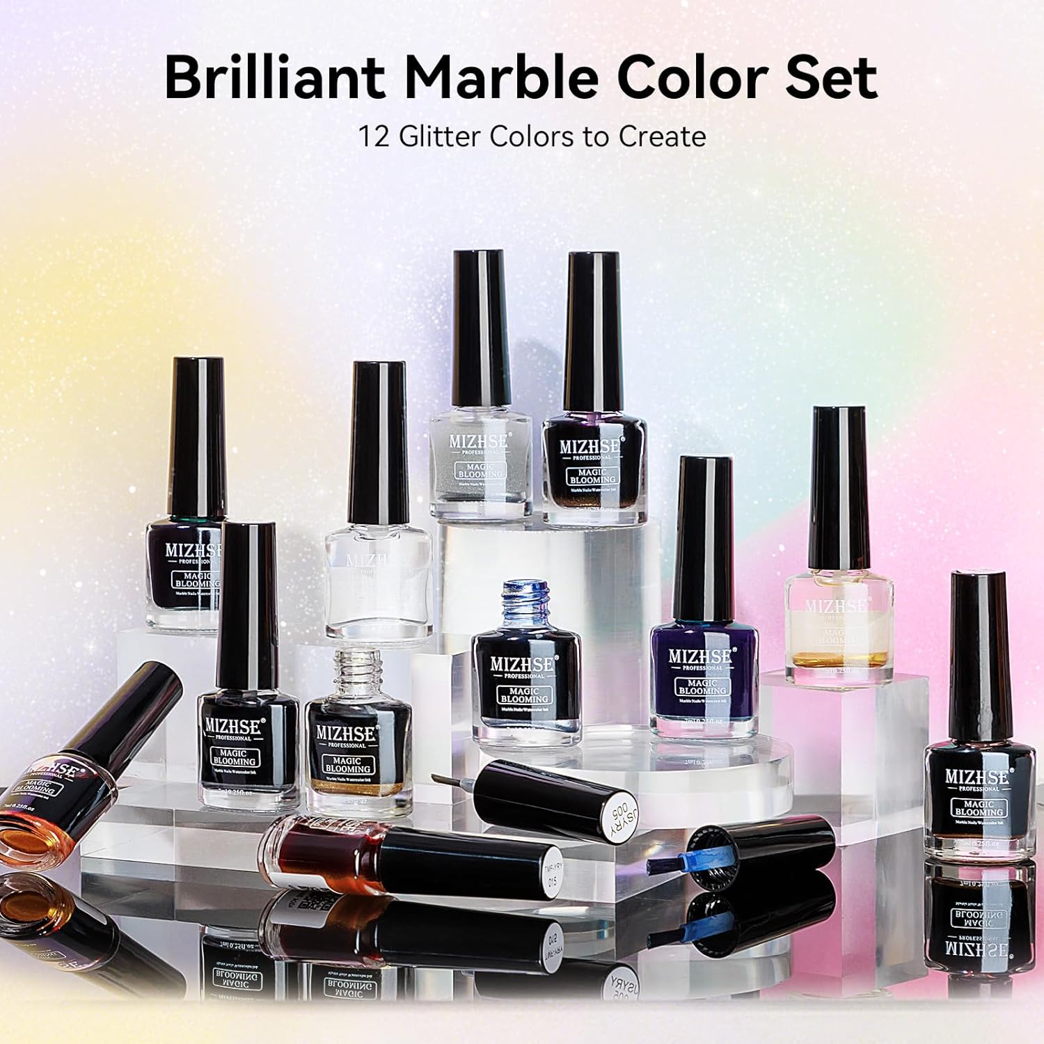 MIZHSE Marble Nail Polish Set, 12 Colors Marble Ink for Nails Glitter Effect Nail Ink Blooming Gel Watercolor Nail Polish for Nail Art Design Manicure at Home - Image 7