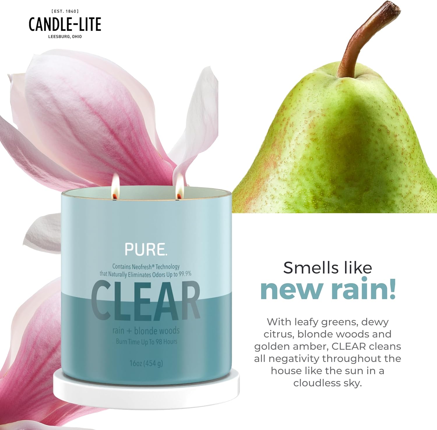 Candle-Lite Pure Rain & Blonde Woods Odor Eliminating Scented Candles, Neofresh Technology Eliminates 99.9% of Odors, 16 oz 2-Wick Jar, Proudly Poured in The USA, 44-60 Hours Burn Time - Image 4