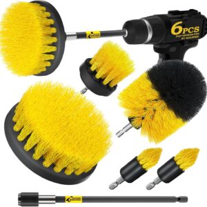 Holikme 6Pack Drill Brush Power Scrubber Cleaning Brush Extended Long Attachment Set All Purpose Drill Scrub Brushes Kit for Grout, Floor, Tub, Shower, Tile, Bathroom and Kitchen Surface，Yellow