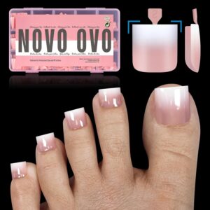 Ombre French Tip Press on Toe Nail Tips, Sharp Square Pre-Designed Soft Gel False Toenail Extension, BABY PINK Pre-applied Tip Primer & Base Coat, Full Cover Acrylic DIY x 15 Sizes 240 pcs